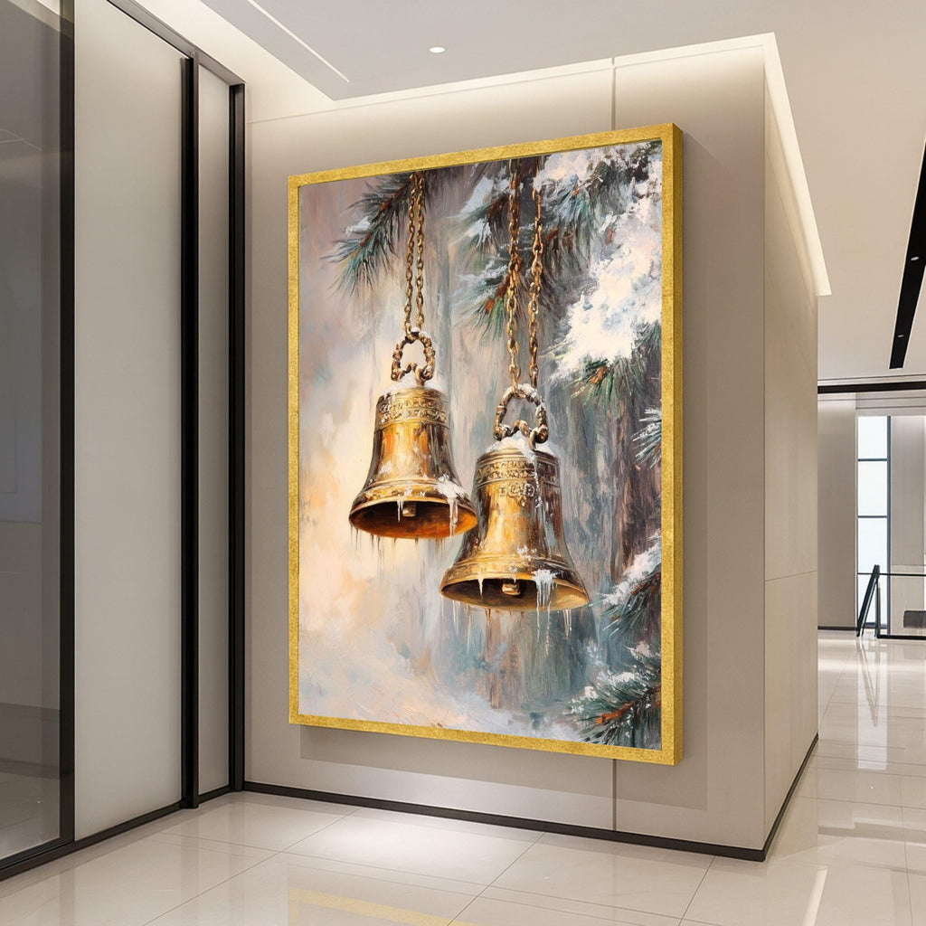 Golden Bells with Icicles, Winter Holiday Canvas, Christmas Pine Tree Art, Seasonal Wall Decoration, Festive Home Canvas Art Ready To Hang,