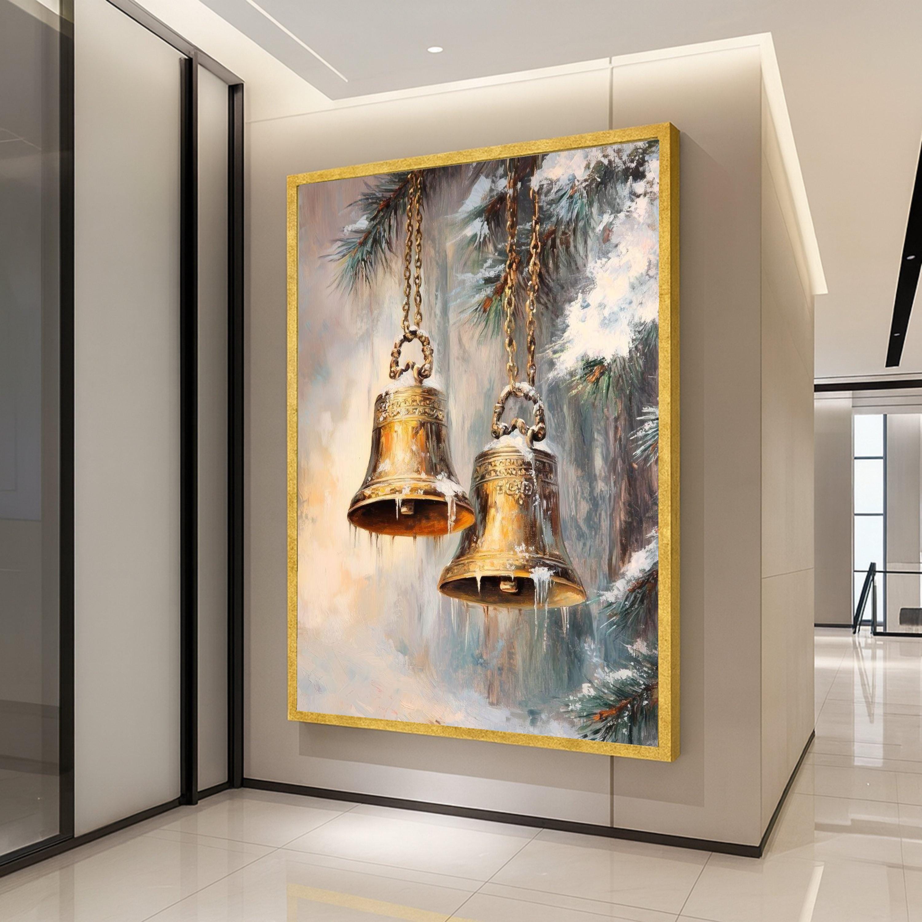 Golden Bells with Icicles, Winter Holiday Canvas, Christmas Pine Tree Art, Seasonal Wall Decoration, Festive Home Canvas Art Ready To Hang,
