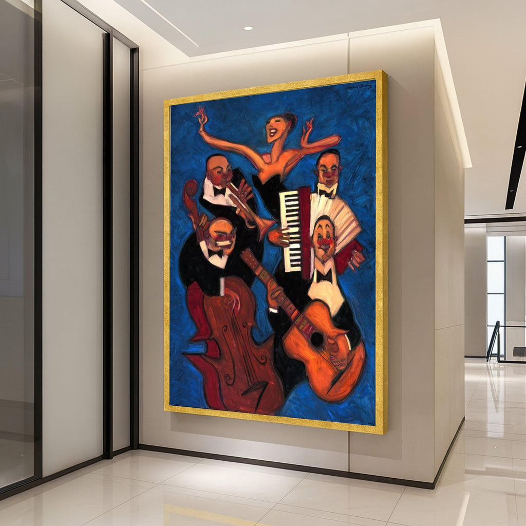 Jazz Band Performance Canvas Wall Art, Abstract Musician Painting, Vibrant Blue Background, Musical Instrument Artwork, Home Ready To Hang,