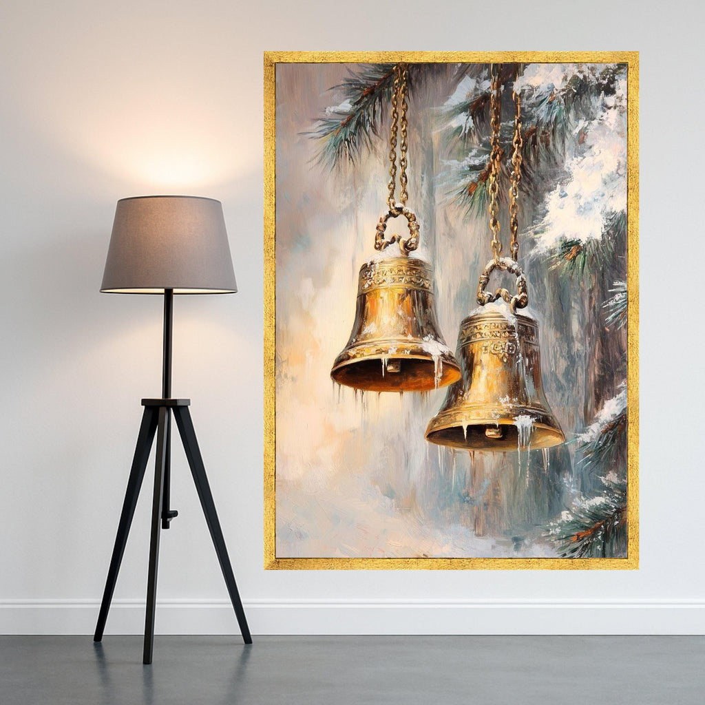 Golden Bells with Icicles, Winter Holiday Canvas, Christmas Pine Tree Art, Seasonal Wall Decoration, Festive Home Canvas Art Ready To Hang,