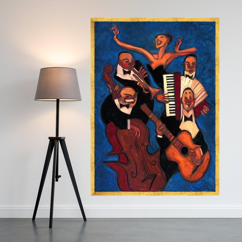 Jazz Band Performance Canvas Wall Art, Abstract Musician Painting, Vibrant Blue Background, Musical Instrument Artwork, Home Ready To Hang,