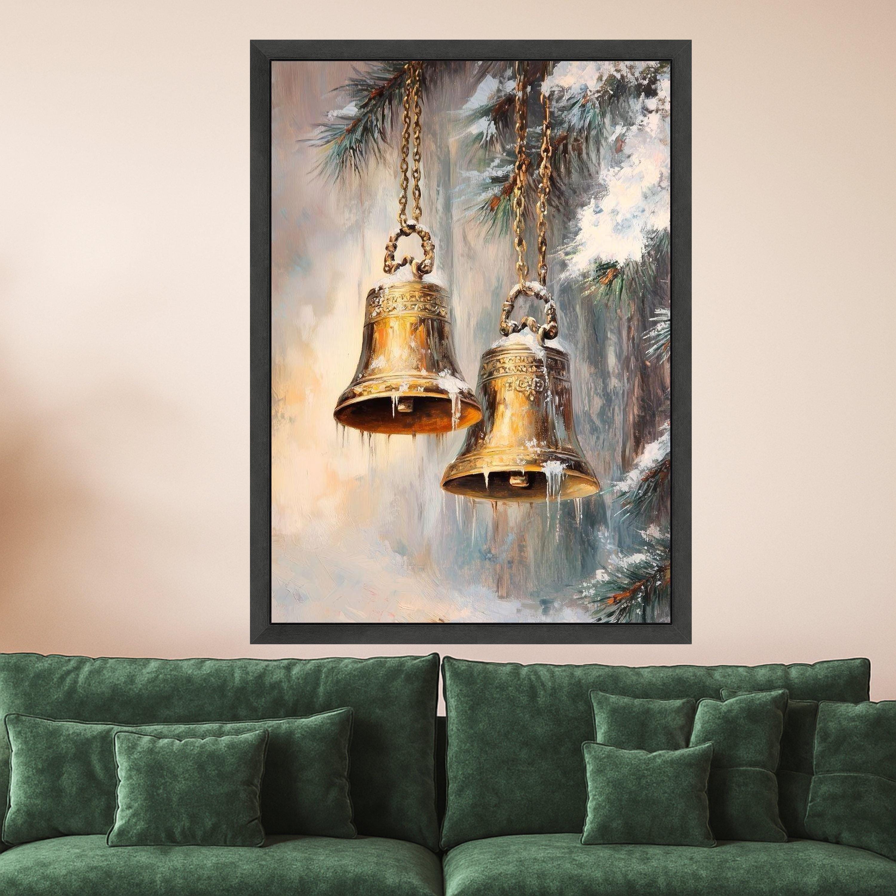 Golden Bells with Icicles, Winter Holiday Canvas, Christmas Pine Tree Art, Seasonal Wall Decoration, Festive Home Canvas Art Ready To Hang,
