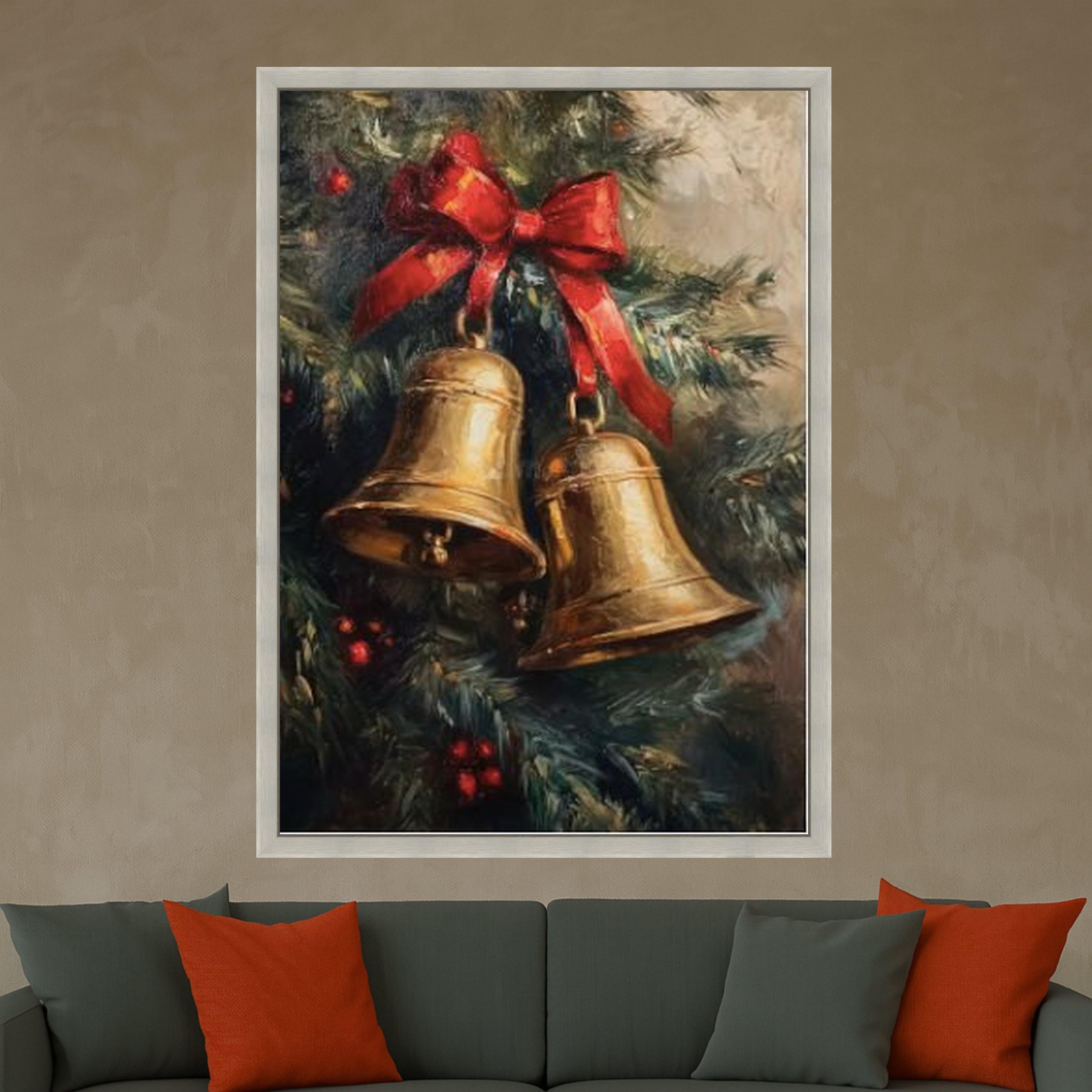 Christmas Bells Canvas Wall Art, Holiday Decoration, Festive Red Bow, Winter Season Canvas, Holiday Home Decor, Ready to Hang Ready To Hang,