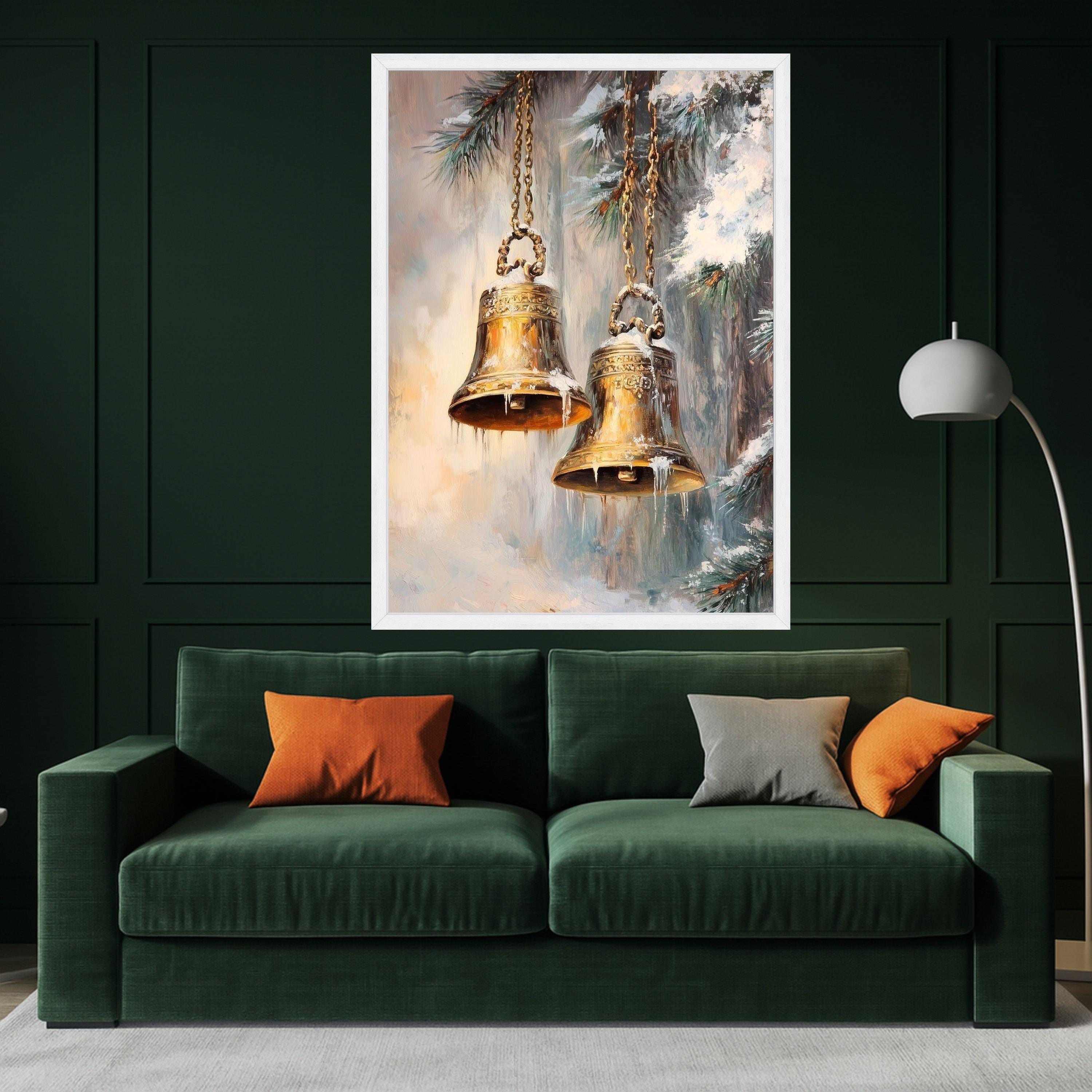 Golden Bells with Icicles, Winter Holiday Canvas, Christmas Pine Tree Art, Seasonal Wall Decoration, Festive Home Canvas Art Ready To Hang,