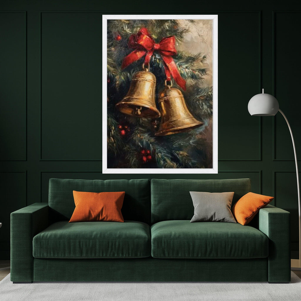 Christmas Bells Canvas Wall Art, Holiday Decoration, Festive Red Bow, Winter Season Canvas, Holiday Home Decor, Ready to Hang Ready To Hang,