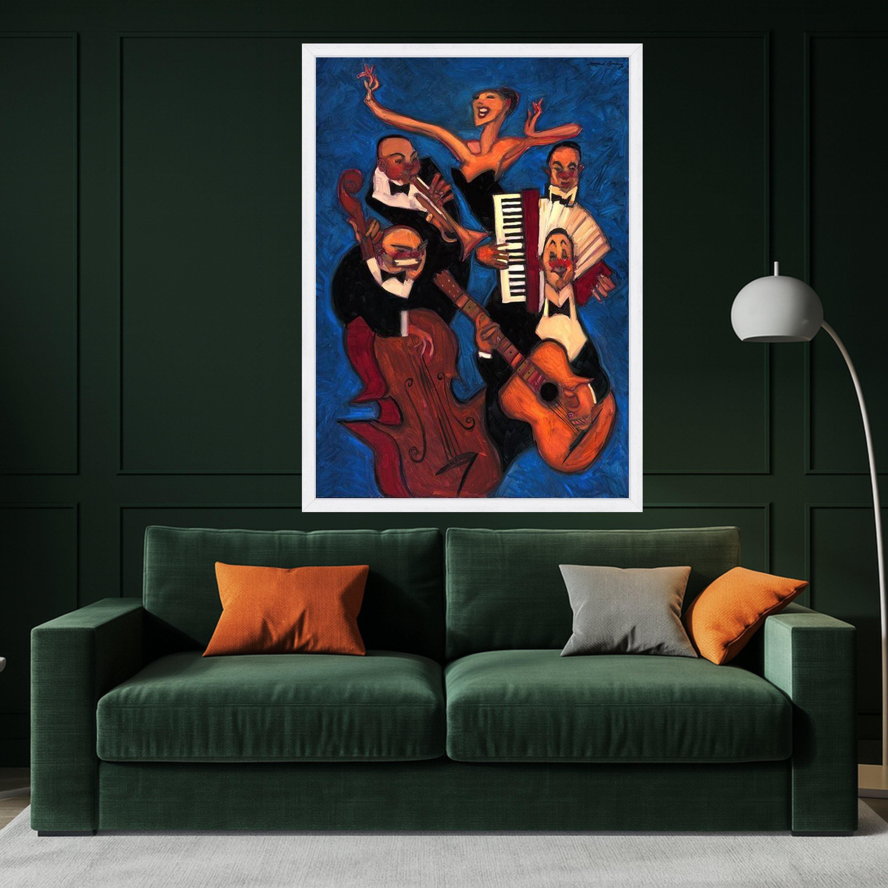 Jazz Band Performance Canvas Wall Art, Abstract Musician Painting, Vibrant Blue Background, Musical Instrument Artwork, Home Ready To Hang,