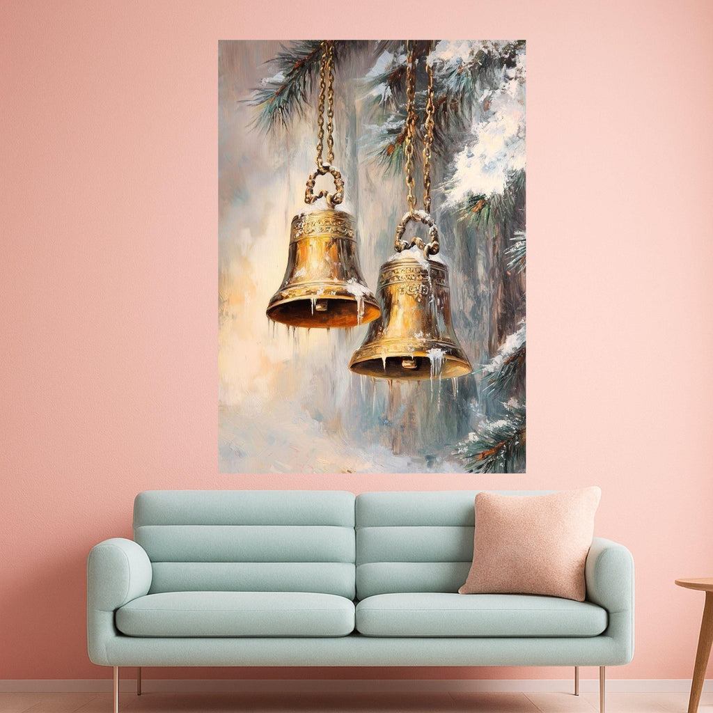 Golden Bells with Icicles, Winter Holiday Canvas, Christmas Pine Tree Art, Seasonal Wall Decoration, Festive Home Canvas Art Ready To Hang,