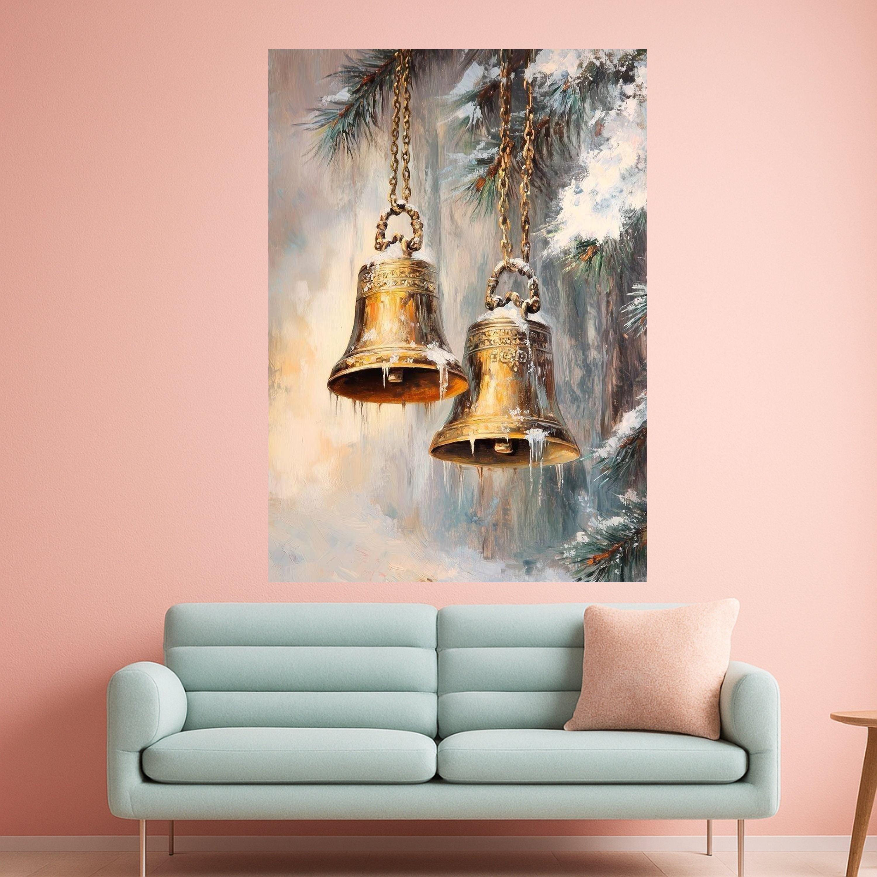 Golden Bells with Icicles, Winter Holiday Canvas, Christmas Pine Tree Art, Seasonal Wall Decoration, Festive Home Canvas Art Ready To Hang,