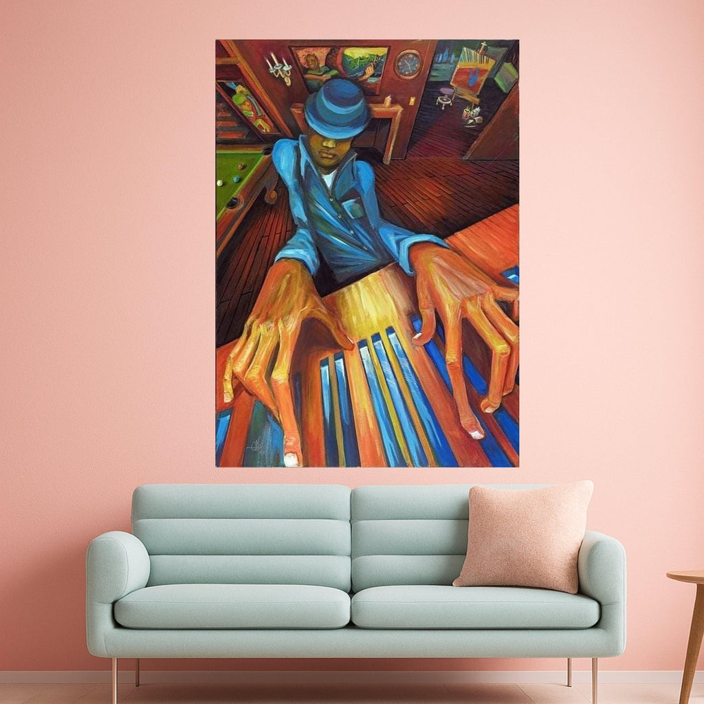 Jazz Musician Playing Piano Canvas Wall Art, Blue Suit Art, Abstract Musician Painting, Modern Home Decor, Vibrant Colorful Ready To Hang,