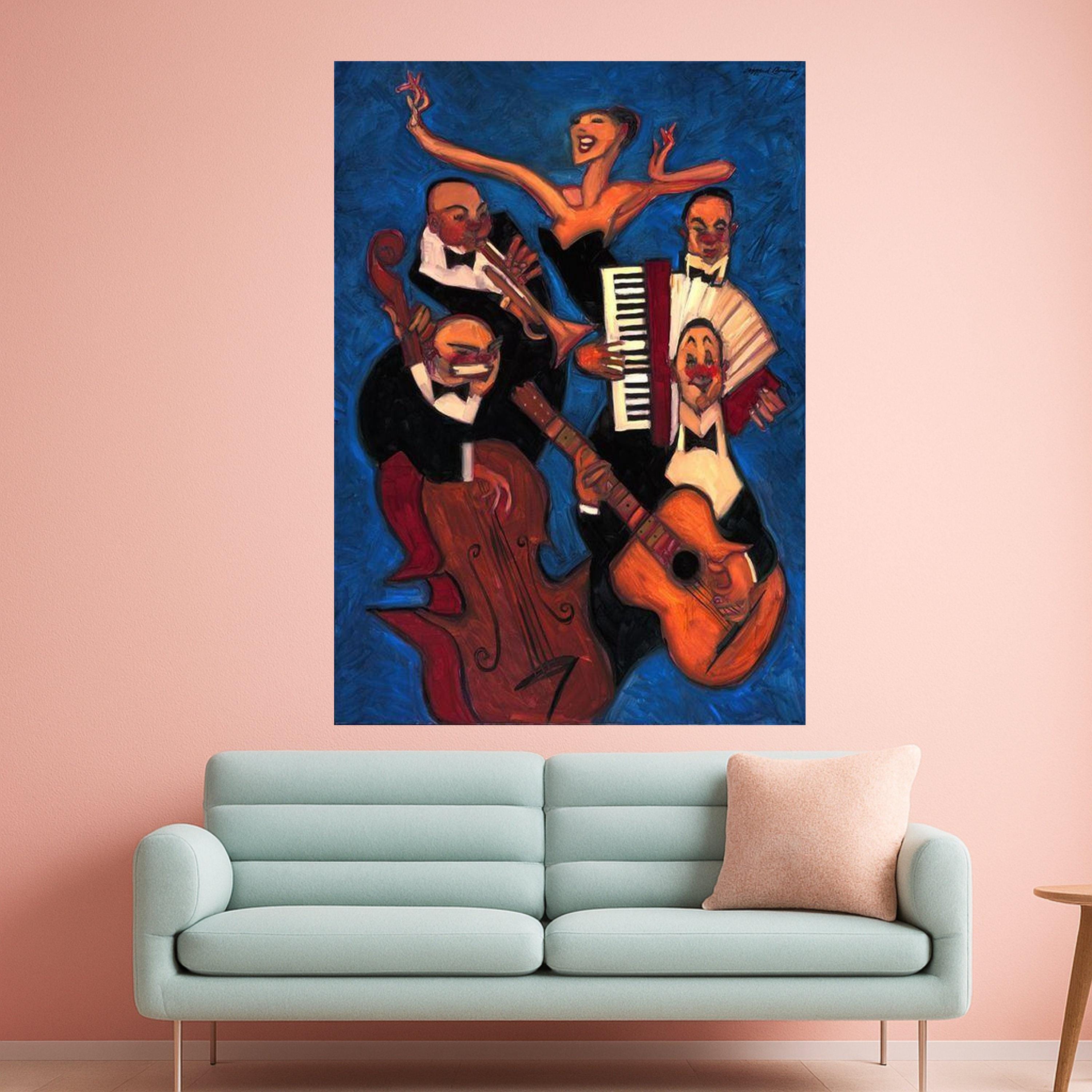 Jazz Band Performance Canvas Wall Art, Abstract Musician Painting, Vibrant Blue Background, Musical Instrument Artwork, Home Ready To Hang,