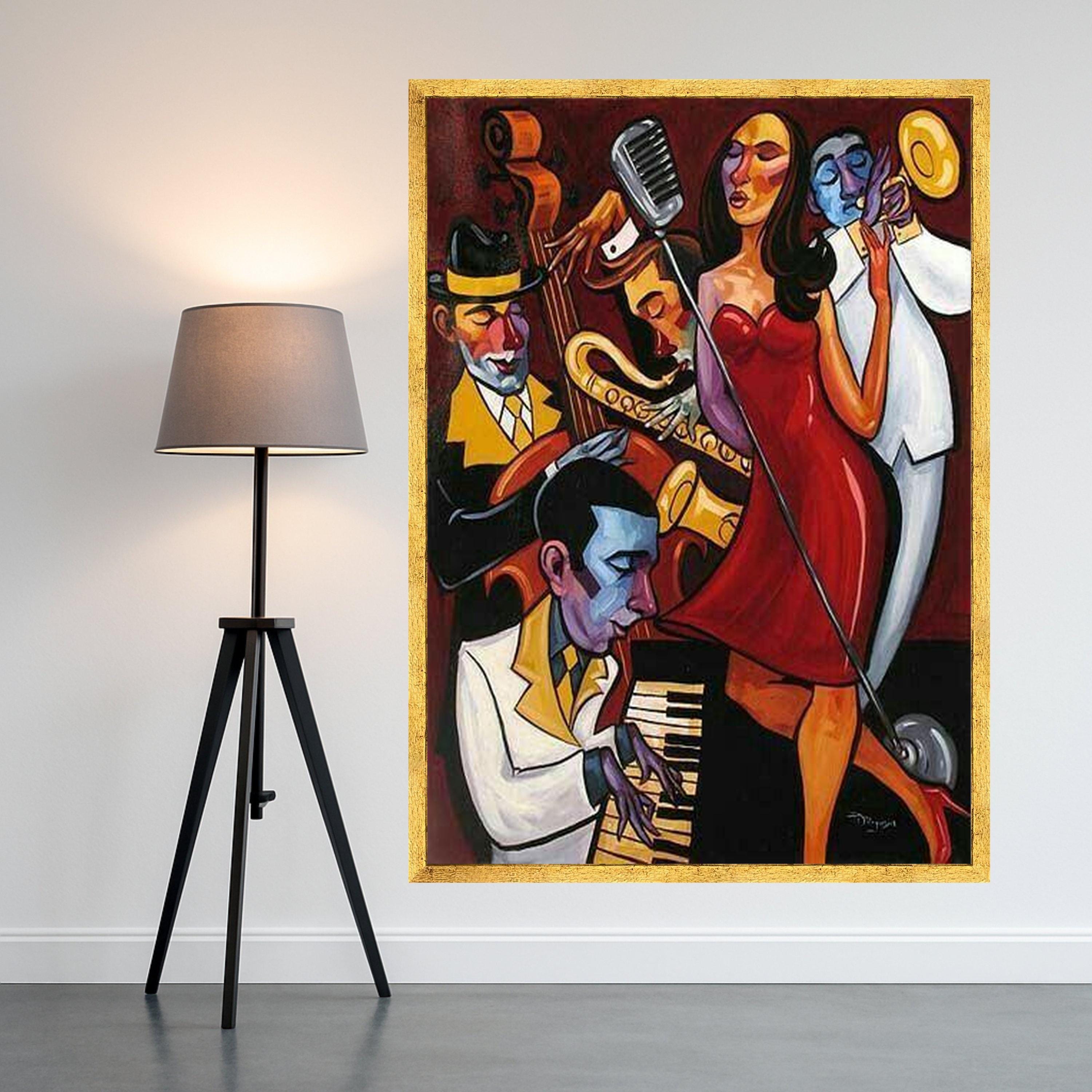 Jazz Band Performance Canvas, Live Music Wall Art, Abstract Musician Painting, Vibrant Home Decor, Saxophone Trumpet Canvas Ready To Hang,