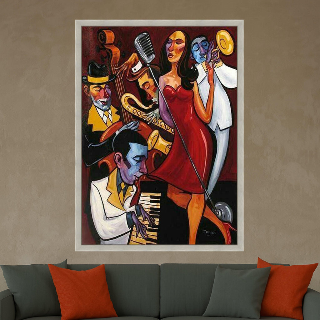 Jazz Band Performance Canvas, Live Music Wall Art, Abstract Musician Painting, Vibrant Home Decor, Saxophone Trumpet Canvas Ready To Hang,