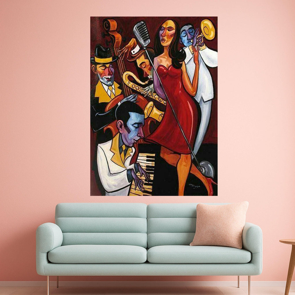 Jazz Band Performance Canvas, Live Music Wall Art, Abstract Musician Painting, Vibrant Home Decor, Saxophone Trumpet Canvas Ready To Hang,