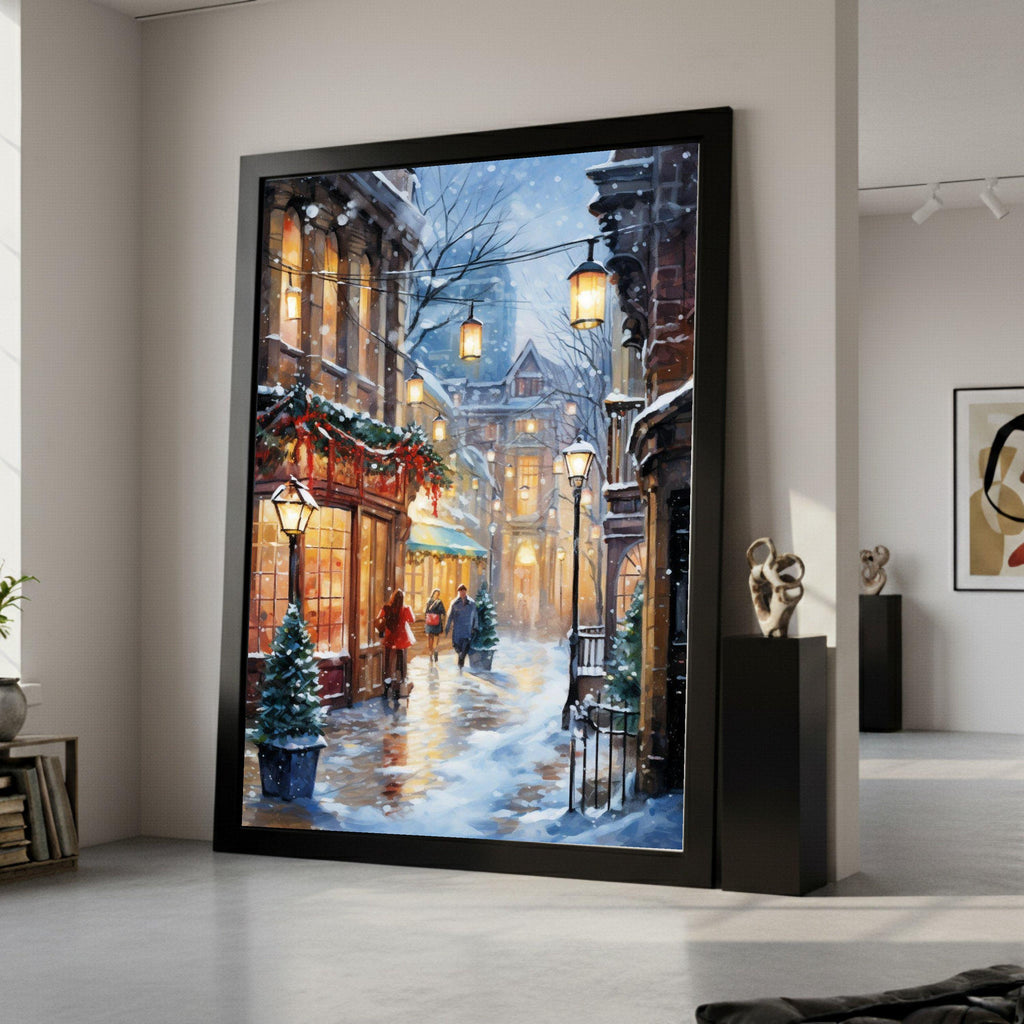 Cozy Winter Street Scene Canvas, Snowy Evening Walk, Holiday Lights Wall Art, Charming Cityscape Decor, Warm Glow Canvas Ready To Hang,