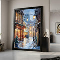 Cozy Winter Street Scene Canvas, Snowy Evening Walk, Holiday Lights Wall Art, Charming Cityscape Decor, Warm Glow Canvas Ready To Hang,