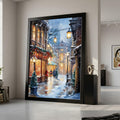 Cozy Winter Street Scene Canvas, Snowy Evening Walk, Holiday Lights Wall Art, Charming Cityscape Decor, Warm Glow Canvas Ready To Hang,