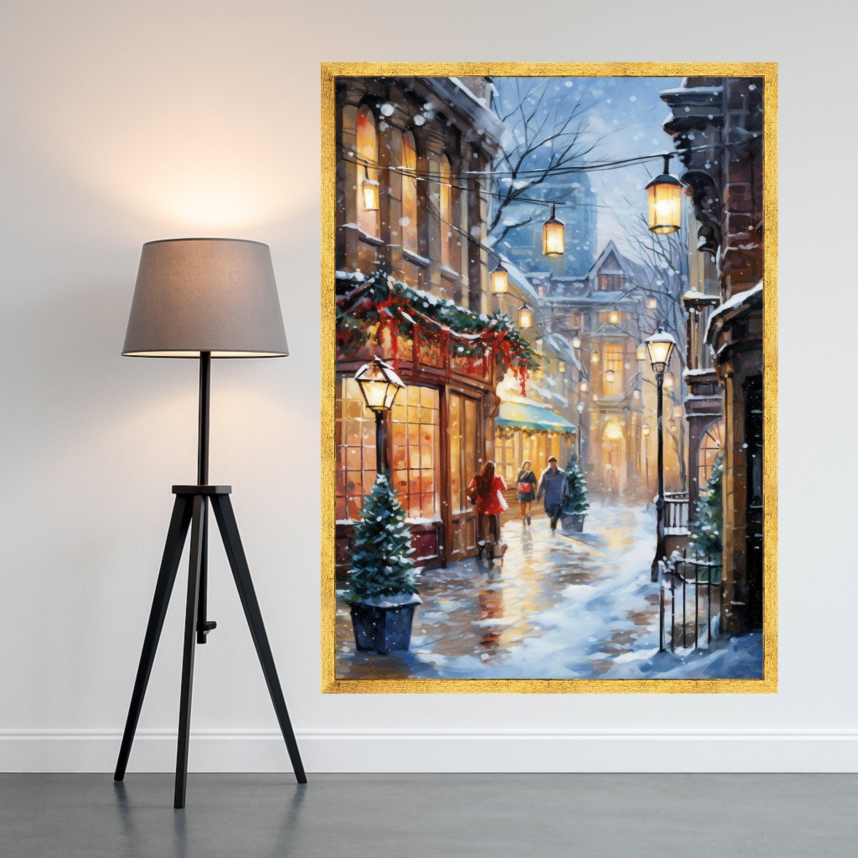 Cozy Winter Street Scene Canvas, Snowy Evening Walk, Holiday Lights Wall Art, Charming Cityscape Decor, Warm Glow Canvas Ready To Hang,