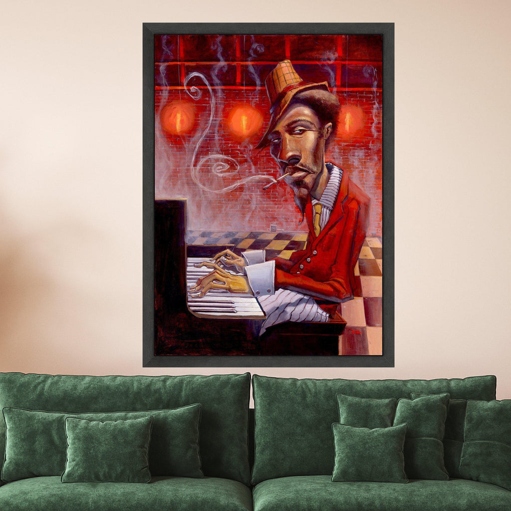 Jazz Musician Playing Piano Canvas, Smoking Man Wall Art, Retro Red Style, Urban Art Decor, Expressive Portrait Canvas, Home Ready To Hang,