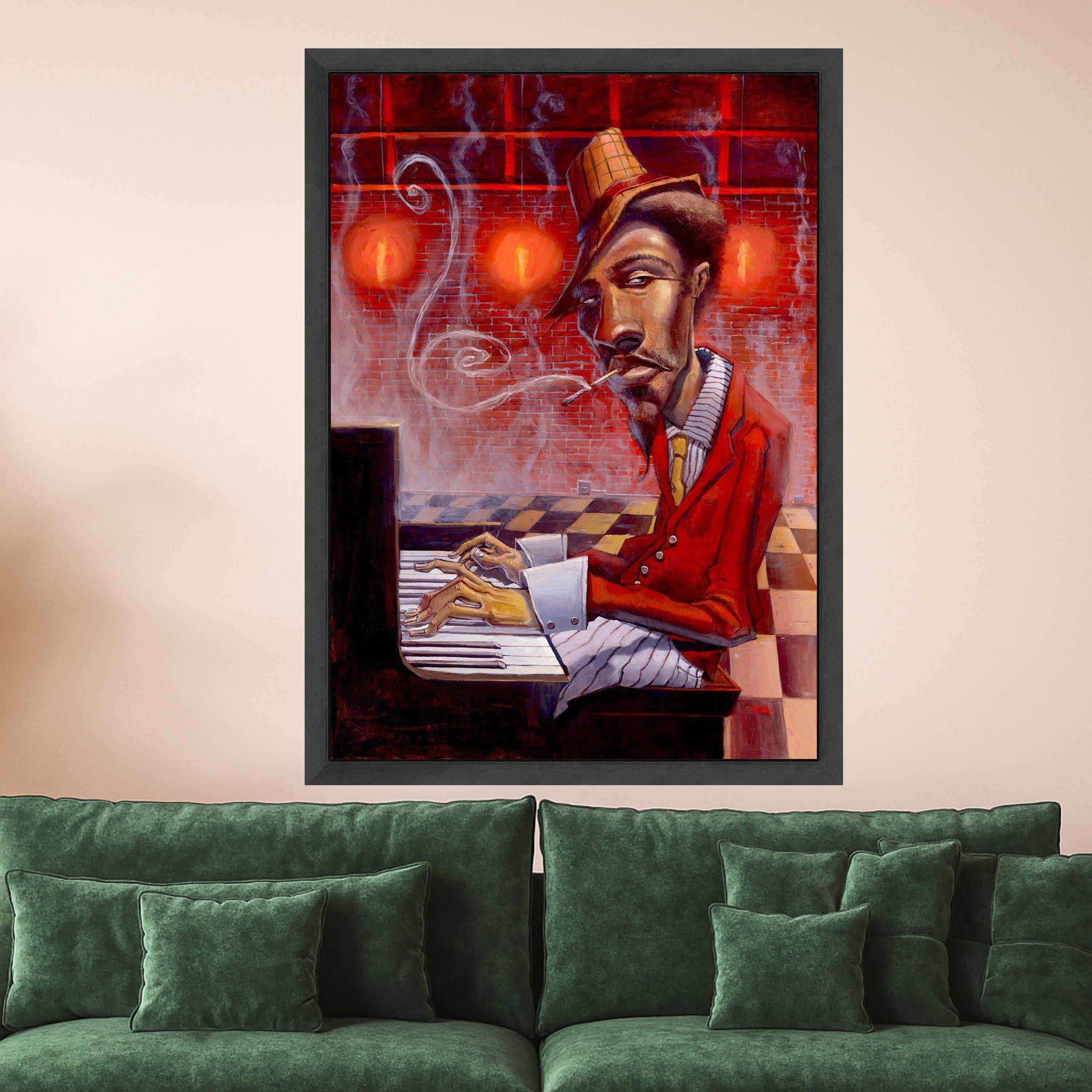 Jazz Musician Playing Piano Canvas, Smoking Man Wall Art, Retro Red Style, Urban Art Decor, Expressive Portrait Canvas, Home Ready To Hang,