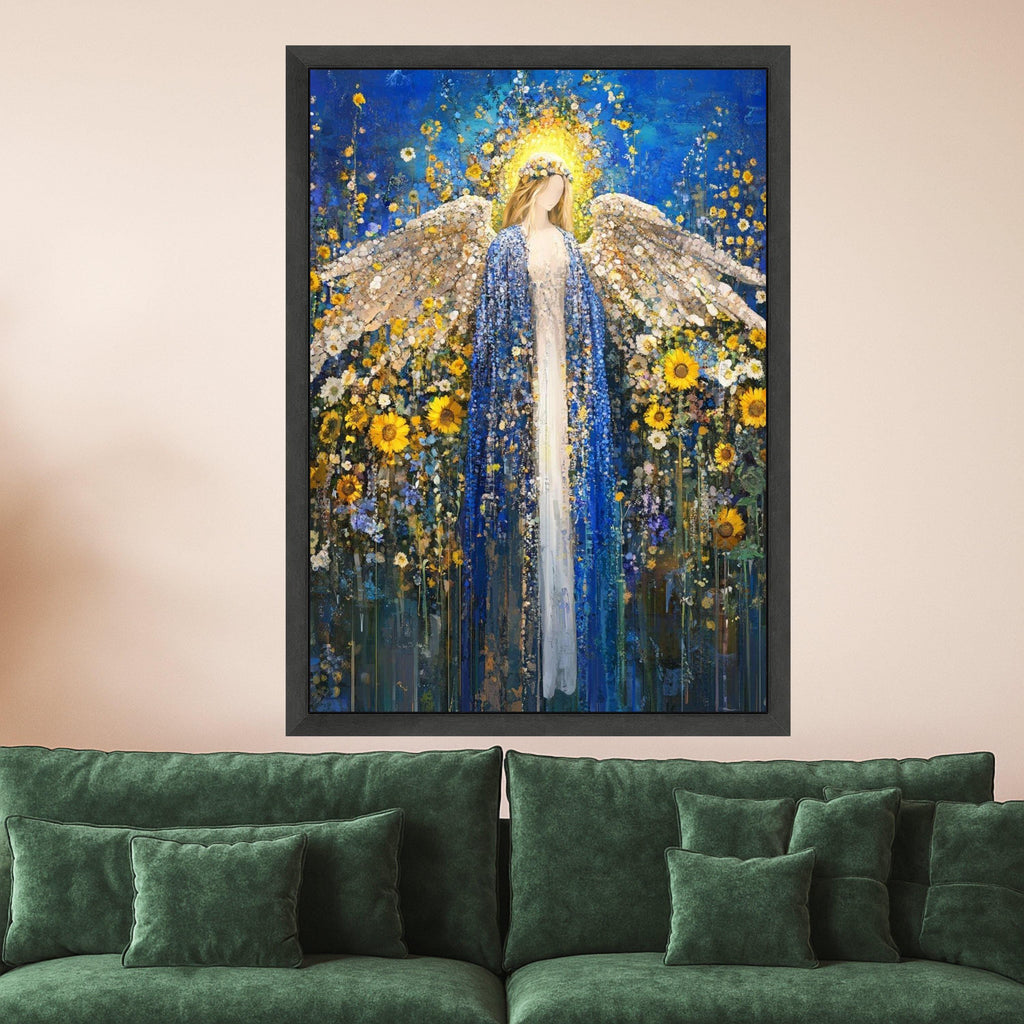 Radiant Angel in Blue Cloak Canvas, Floral Sunflower Wall Art, Spiritual Decor, Abstract Angel Painting, Peaceful Home Ready To Hang,