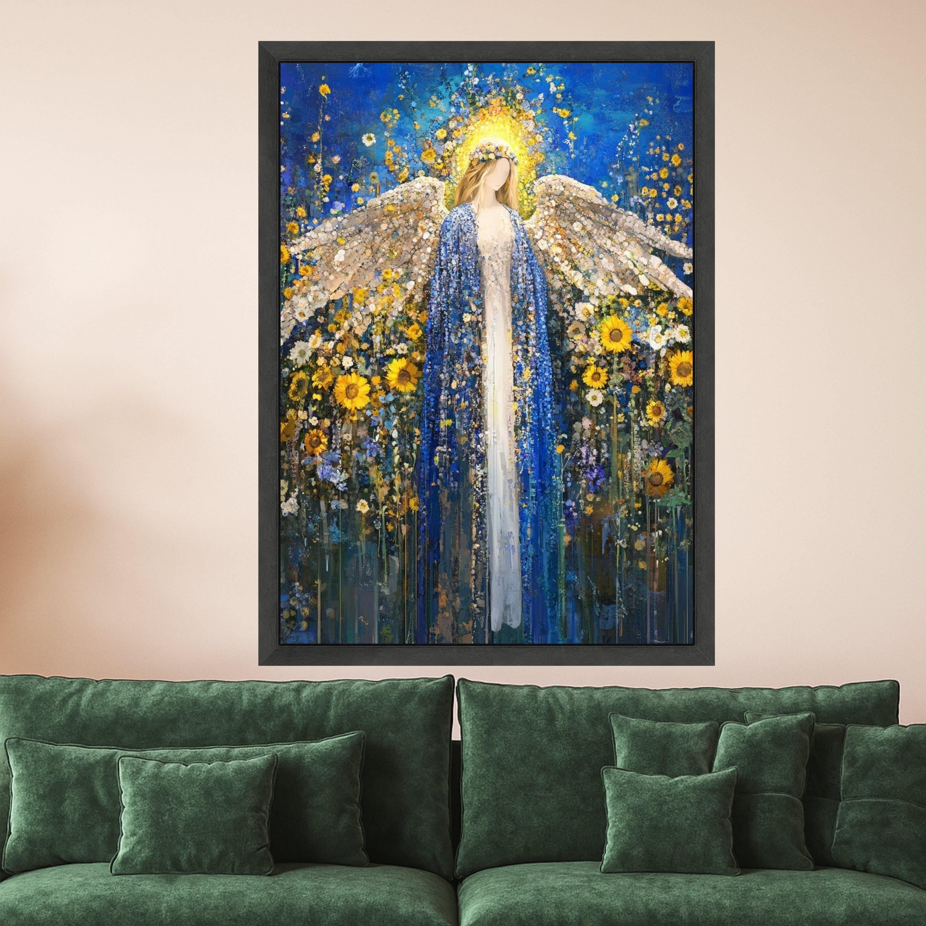 Radiant Angel in Blue Cloak Canvas, Floral Sunflower Wall Art, Spiritual Decor, Abstract Angel Painting, Peaceful Home Ready To Hang,