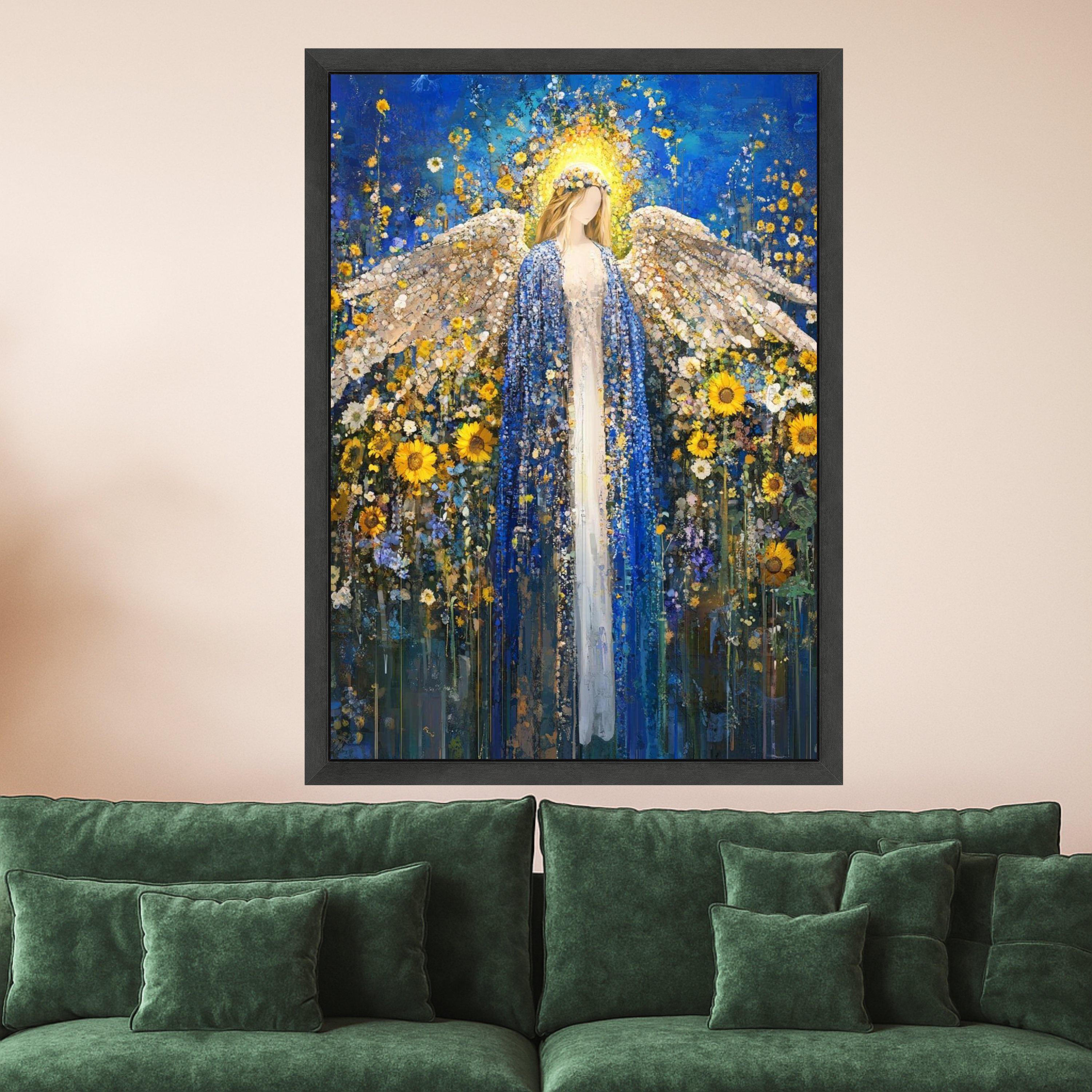 Radiant Angel in Blue Cloak Canvas, Floral Sunflower Wall Art, Spiritual Decor, Abstract Angel Painting, Peaceful Home Ready To Hang,