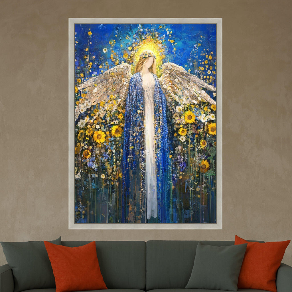 Radiant Angel in Blue Cloak Canvas, Floral Sunflower Wall Art, Spiritual Decor, Abstract Angel Painting, Peaceful Home Ready To Hang,