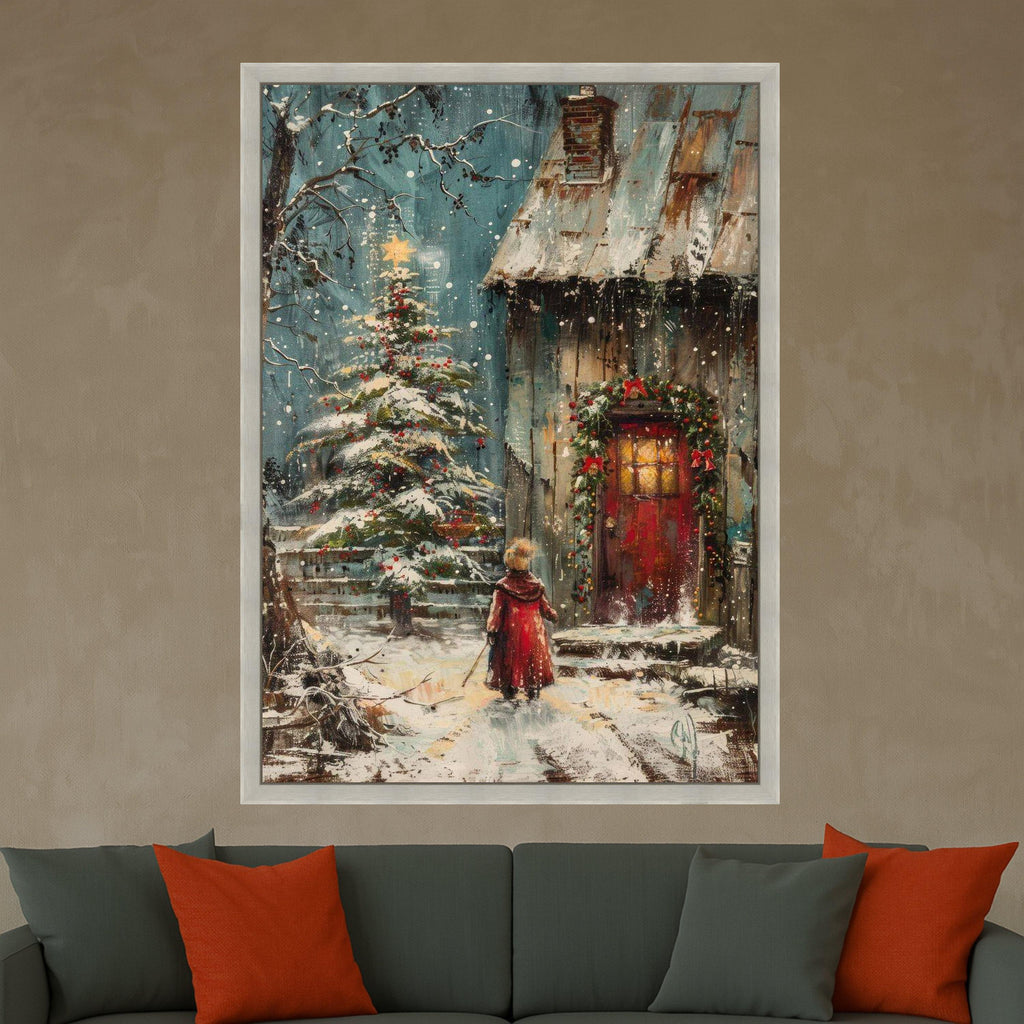 Magical Winter Evening, Christmas Tree and Cozy Cottage Canvas, Holiday Seasonal Wall Art, Snowy Landscape Painting, Festive Ready To Hang,