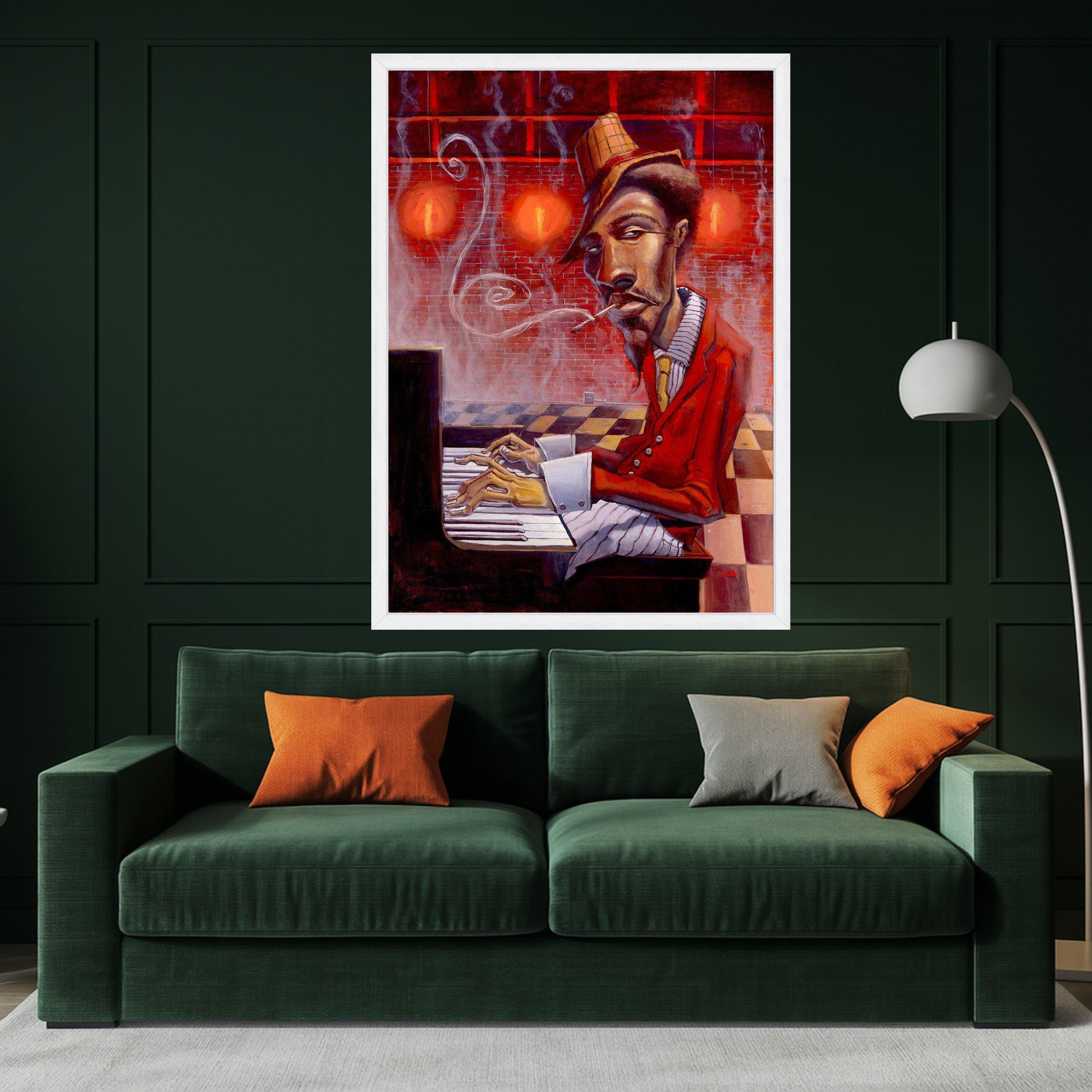 Jazz Musician Playing Piano Canvas, Smoking Man Wall Art, Retro Red Style, Urban Art Decor, Expressive Portrait Canvas, Home Ready To Hang,