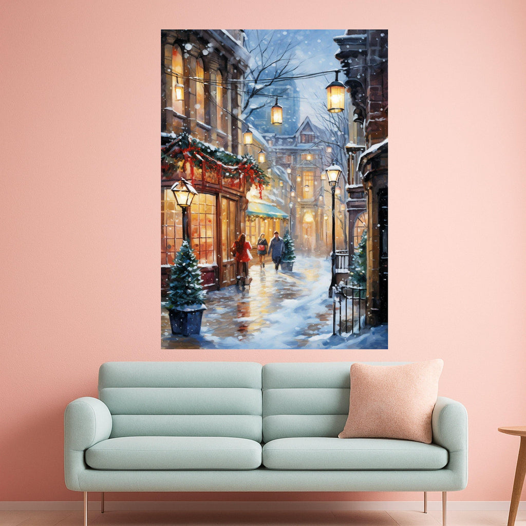 Cozy Winter Street Scene Canvas, Snowy Evening Walk, Holiday Lights Wall Art, Charming Cityscape Decor, Warm Glow Canvas Ready To Hang,