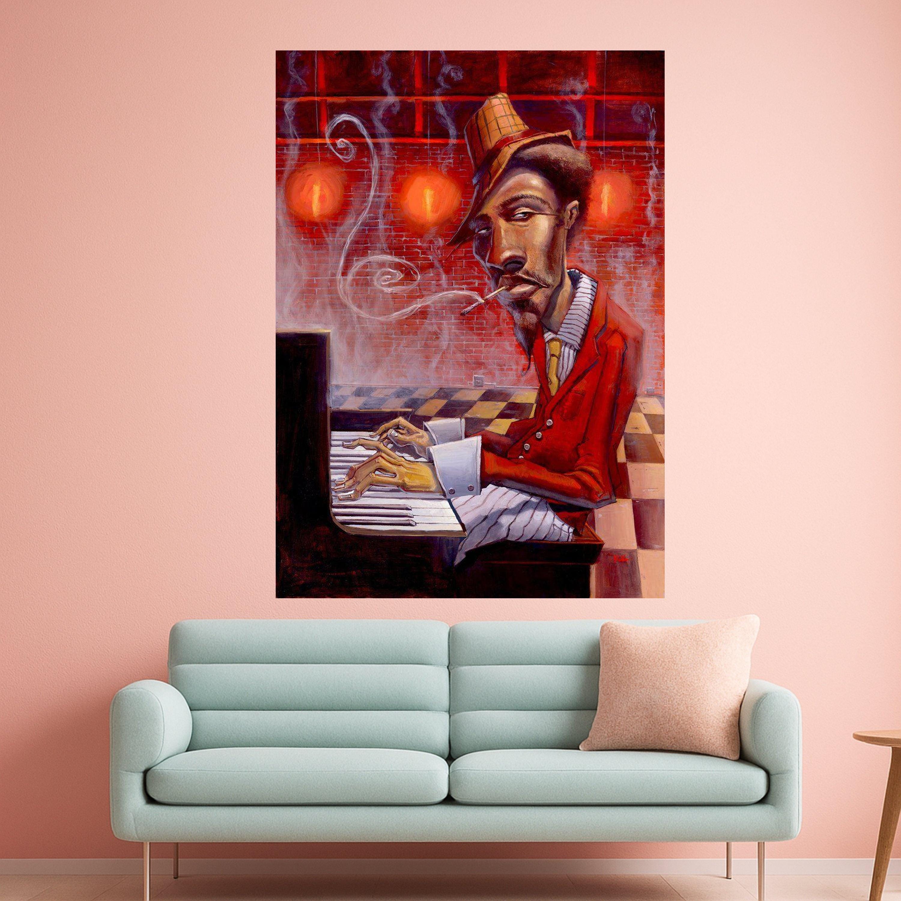 Jazz Musician Playing Piano Canvas, Smoking Man Wall Art, Retro Red Style, Urban Art Decor, Expressive Portrait Canvas, Home Ready To Hang,
