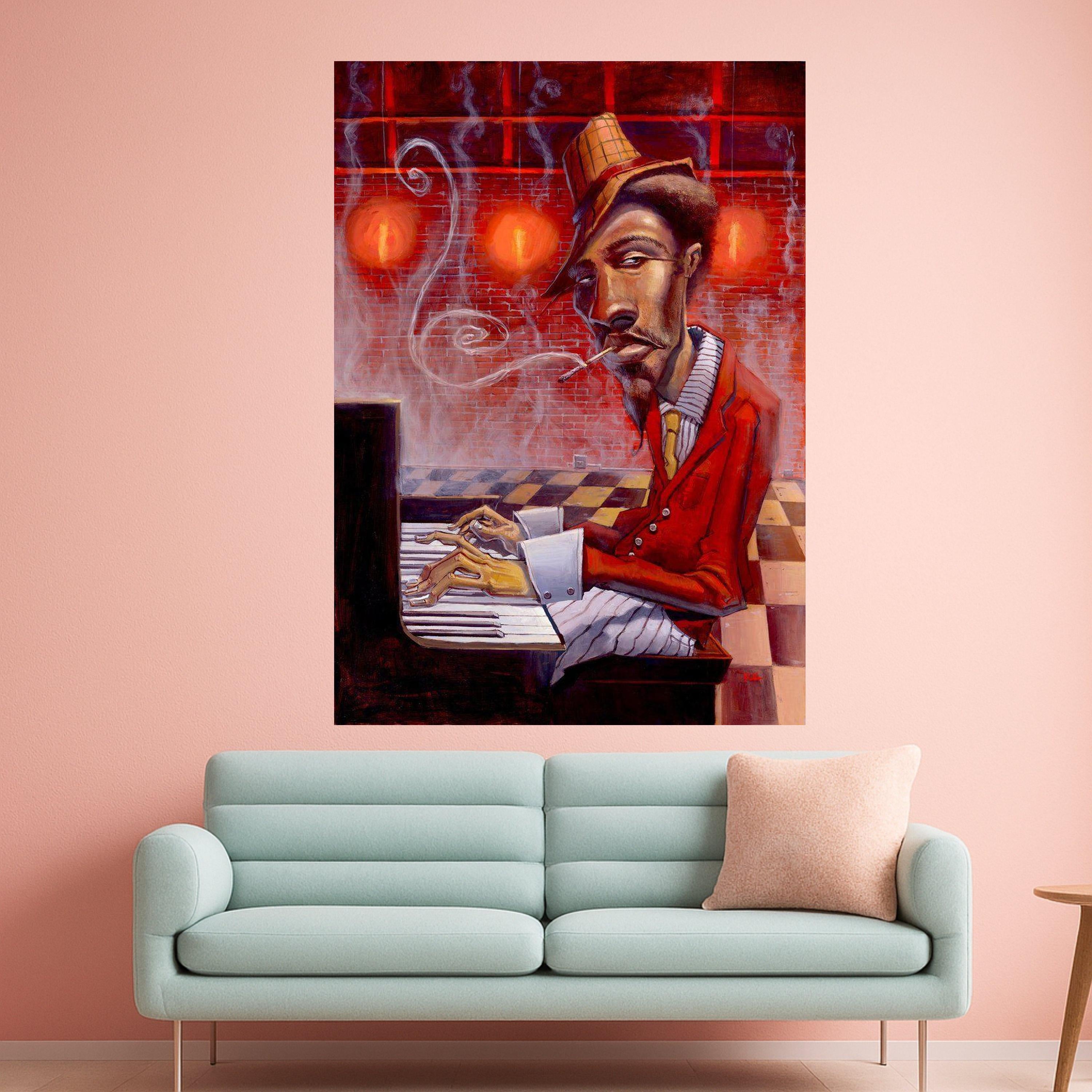 Jazz Musician Playing Piano Canvas, Smoking Man Wall Art, Retro Red Style, Urban Art Decor, Expressive Portrait Canvas, Home Ready To Hang,