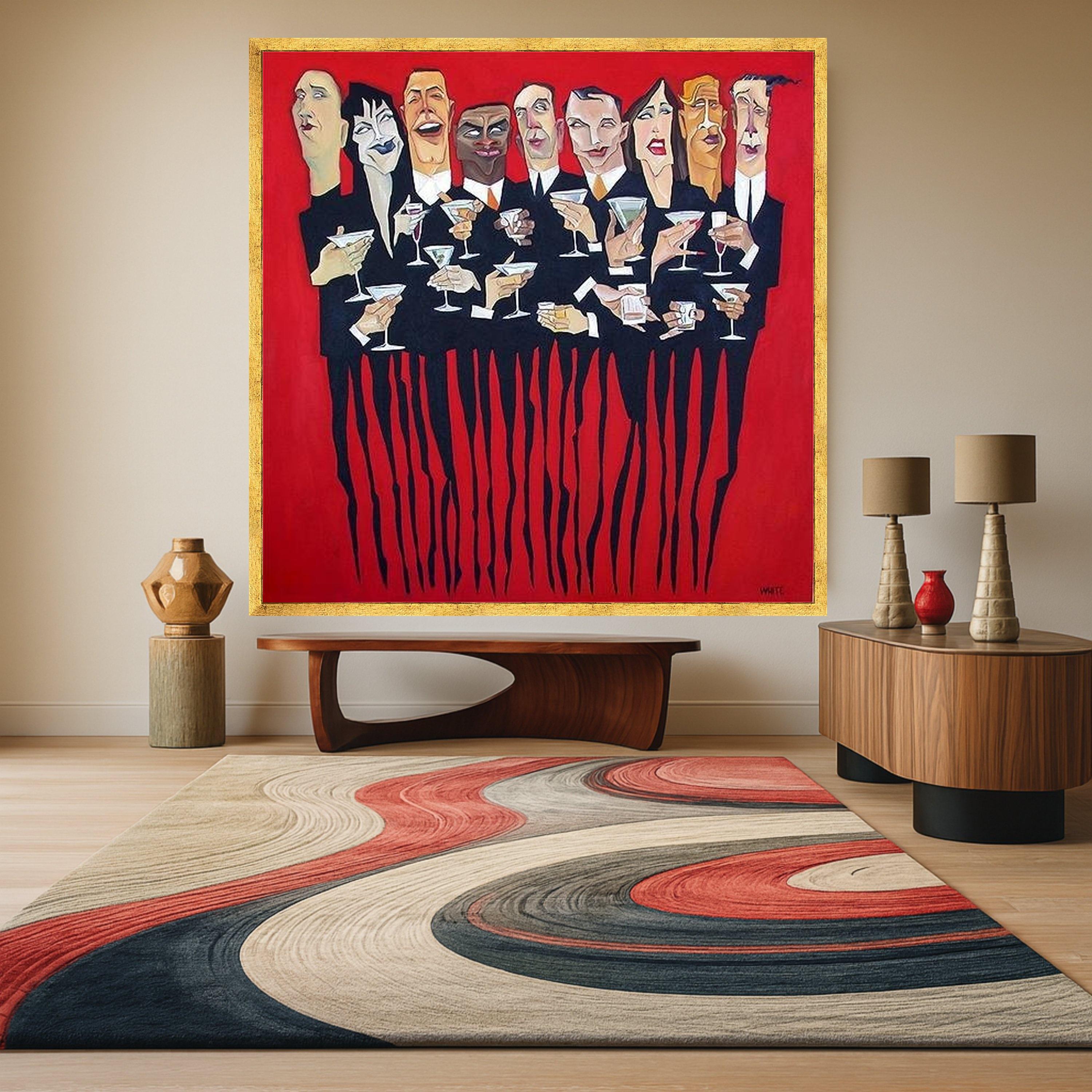 Modern Party Scene Canvas, Abstract Cocktail Gathering Wall Art, Celebratory Group Painting, Bold Red Background Canvas, Ready To Hang,