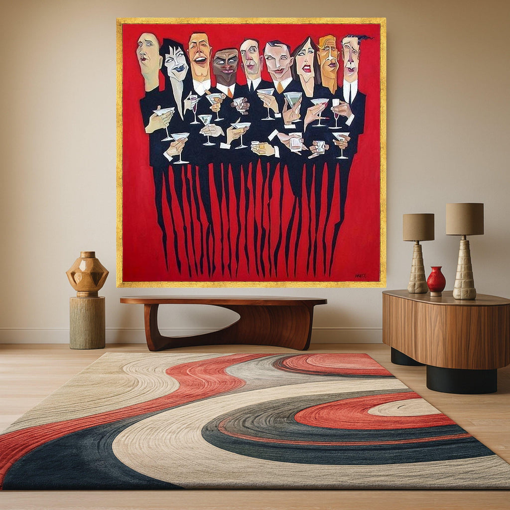 Modern Party Scene Canvas, Abstract Cocktail Gathering Wall Art, Celebratory Group Painting, Bold Red Background Canvas, Ready To Hang,