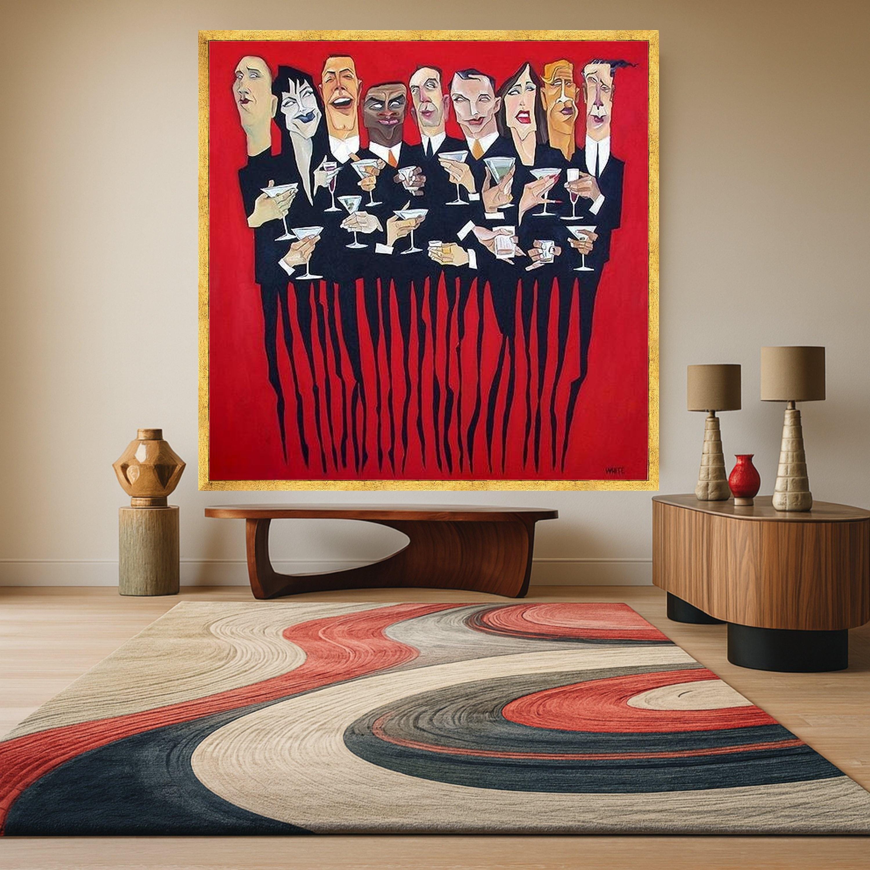Modern Party Scene Canvas, Abstract Cocktail Gathering Wall Art, Celebratory Group Painting, Bold Red Background Canvas, Ready To Hang,