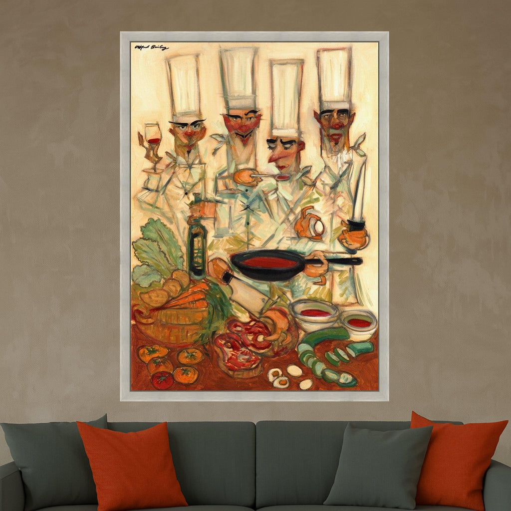 Whimsical Chef Gathering, Culinary Canvas Art, Kitchen Wall Decoration, Gourmet Cooking Scene, Food and Wine Artwork Ready To Hang,