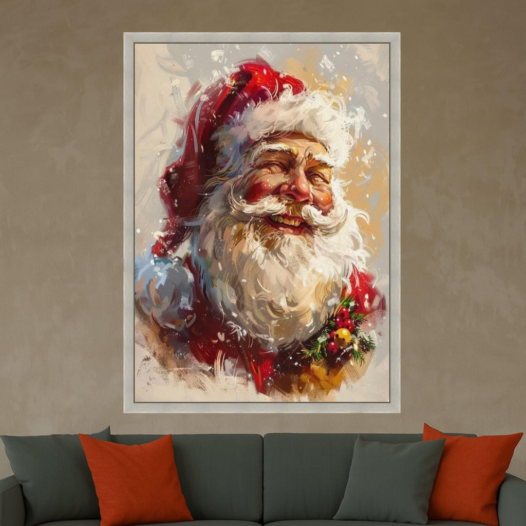 Merry Santa Claus Portrait Canvas, Christmas Holiday Wall Art, Festive Santa Canvas Decoration, Winter Season Home Decor, Ready To Hang,