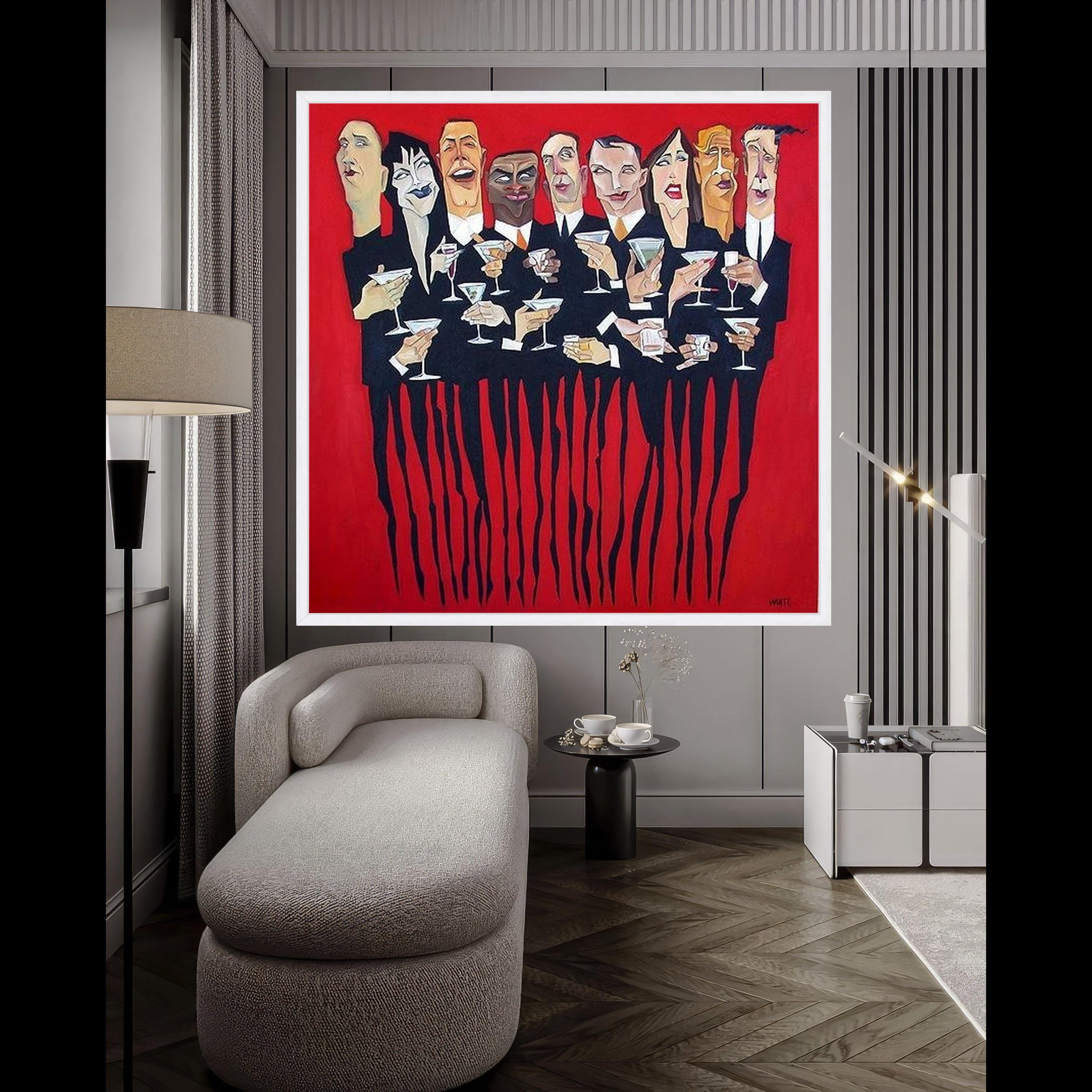 Modern Party Scene Canvas, Abstract Cocktail Gathering Wall Art, Celebratory Group Painting, Bold Red Background Canvas, Ready To Hang,