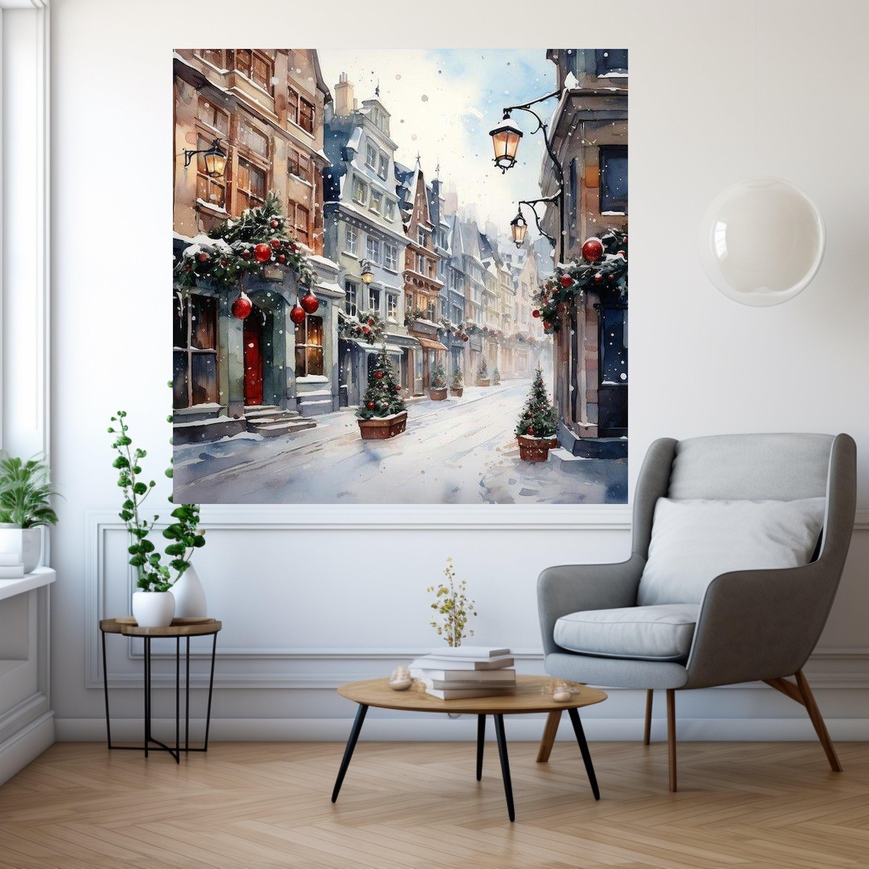 Cozy Winter Street Scene Canvas, Snowy European Village Wall Art, Christmas Holiday Decor, Festive Townscape Canvas, Ready To Hang,