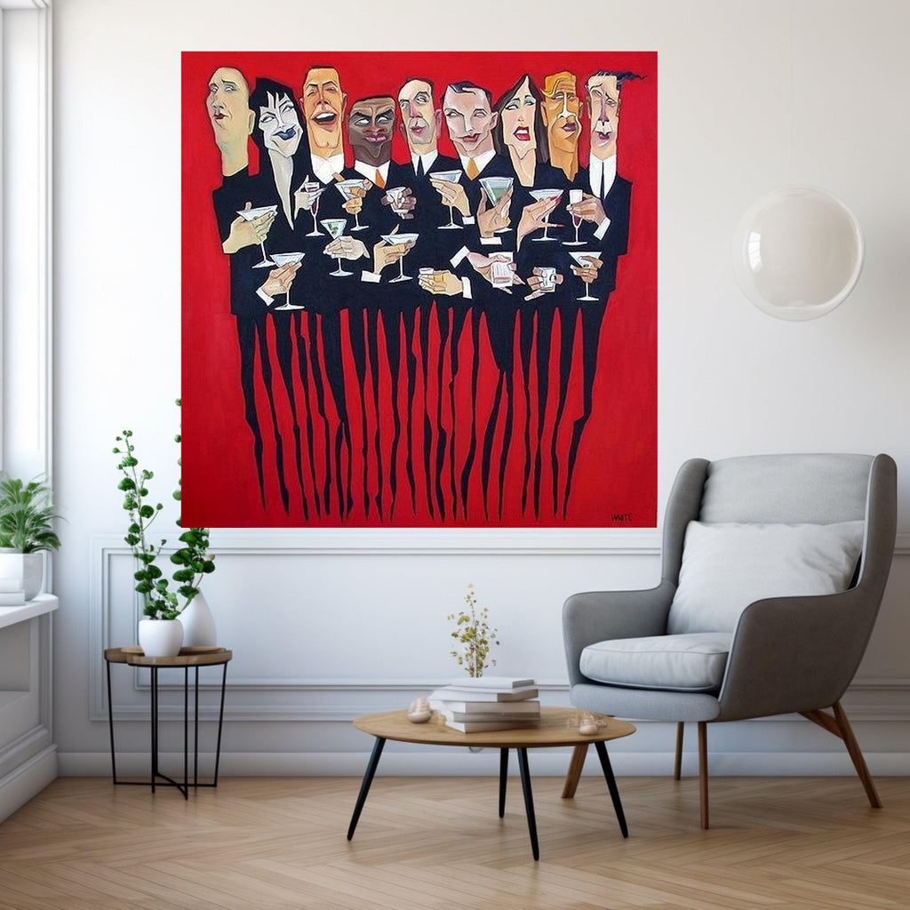 Modern Party Scene Canvas, Abstract Cocktail Gathering Wall Art, Celebratory Group Painting, Bold Red Background Canvas, Ready To Hang,