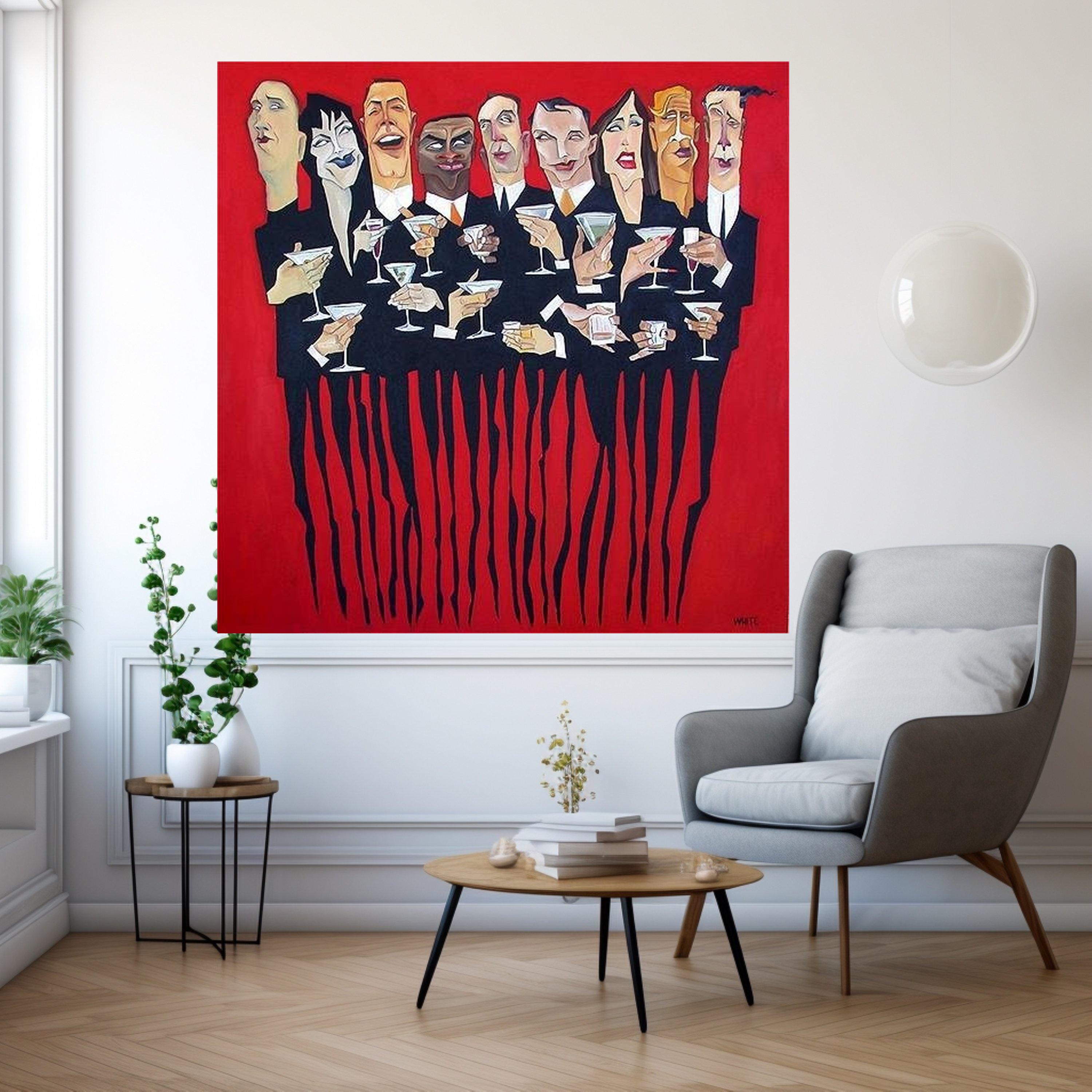 Modern Party Scene Canvas, Abstract Cocktail Gathering Wall Art, Celebratory Group Painting, Bold Red Background Canvas, Ready To Hang,
