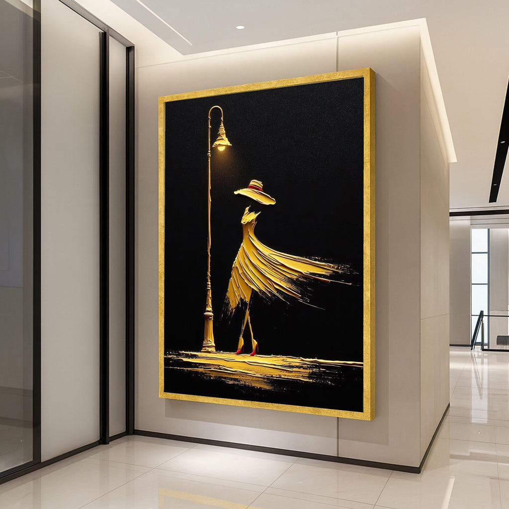 Elegant Woman in Flowing Dress Canvas, Abstract Fashion Art, Golden Night Street Lamp Wall Decor, Modern Canvas Wall Art for Ready To Hang,