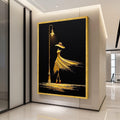 Elegant Woman in Flowing Dress Canvas, Abstract Fashion Art, Golden Night Street Lamp Wall Decor, Modern Canvas Wall Art for Ready To Hang,