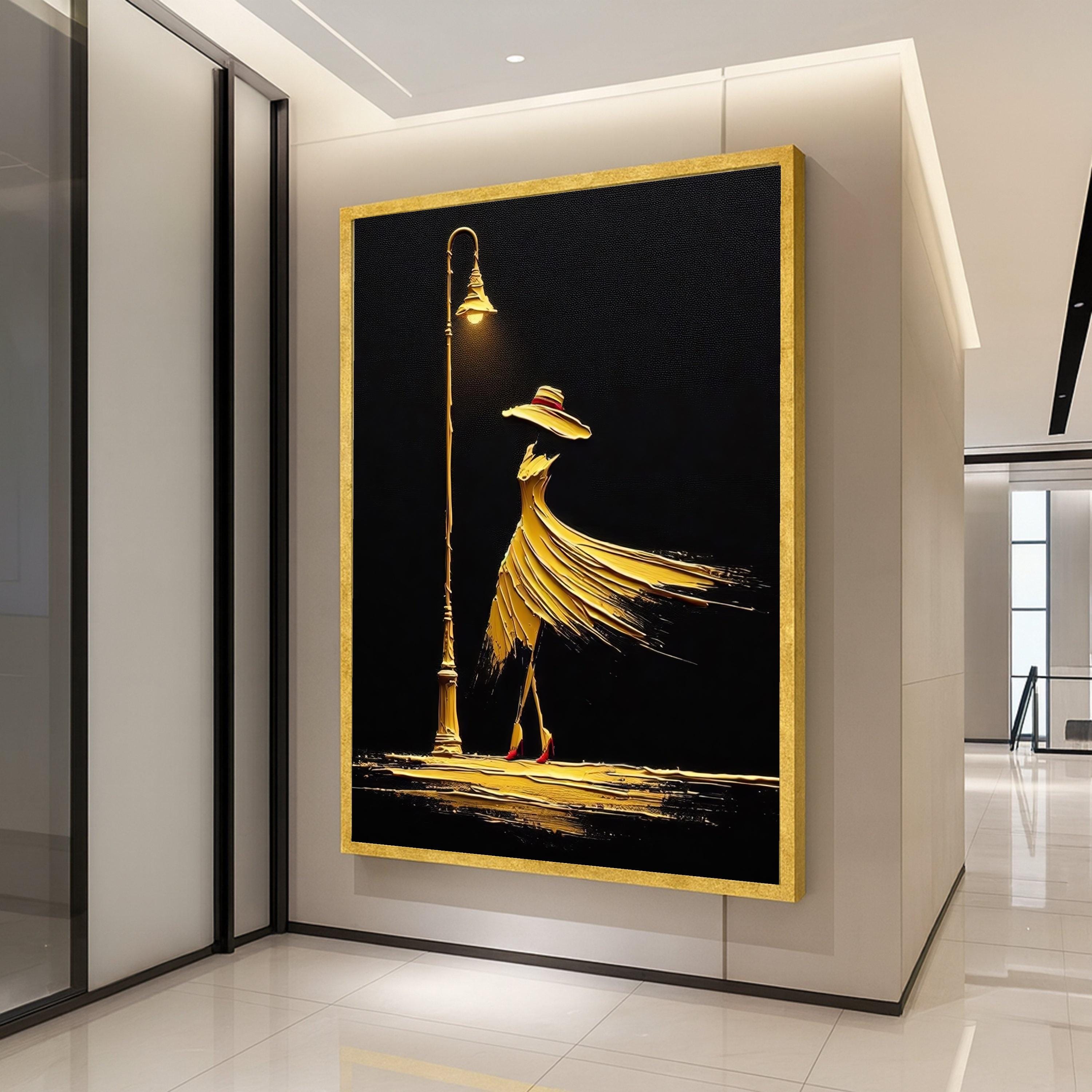 Elegant Woman in Flowing Dress Canvas, Abstract Fashion Art, Golden Night Street Lamp Wall Decor, Modern Canvas Wall Art for Ready To Hang,