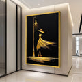 Elegant Woman in Flowing Dress Canvas, Abstract Fashion Art, Golden Night Street Lamp Wall Decor, Modern Canvas Wall Art for Ready To Hang,