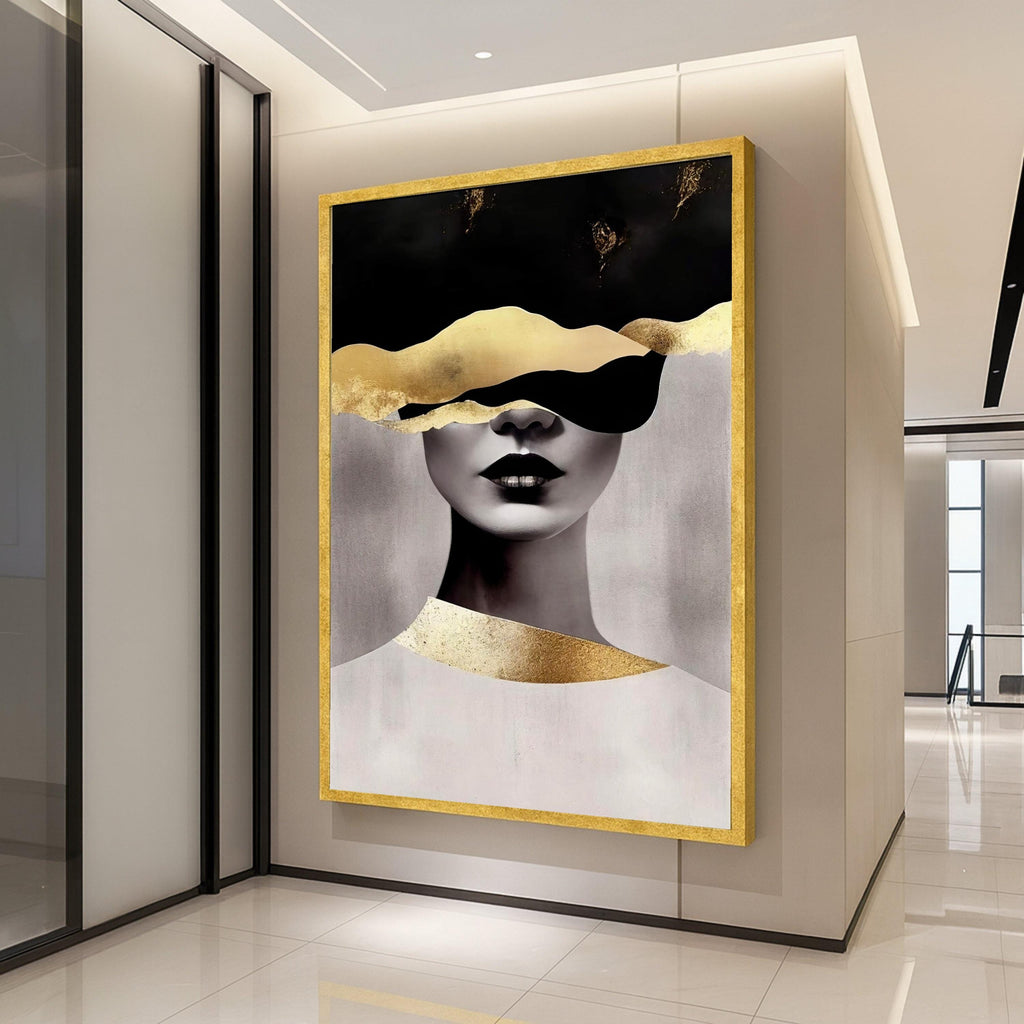 Abstract Woman Portrait Canvas, Modern Gold Leaf Art, Black and White Face Canvas, Contemporary Wall Art, Minimalist Home Ready To Hang,