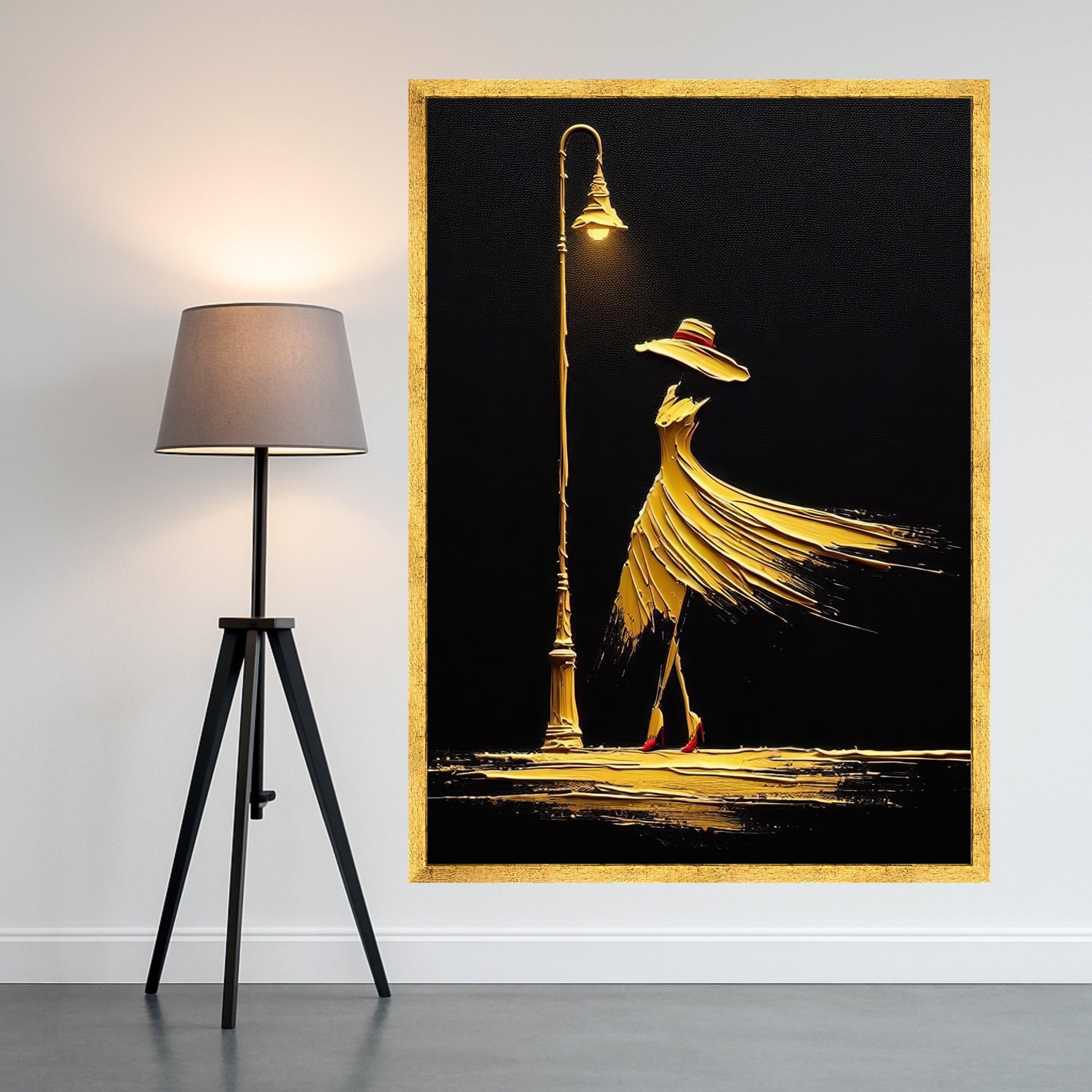 Elegant Woman in Flowing Dress Canvas, Abstract Fashion Art, Golden Night Street Lamp Wall Decor, Modern Canvas Wall Art for Ready To Hang,