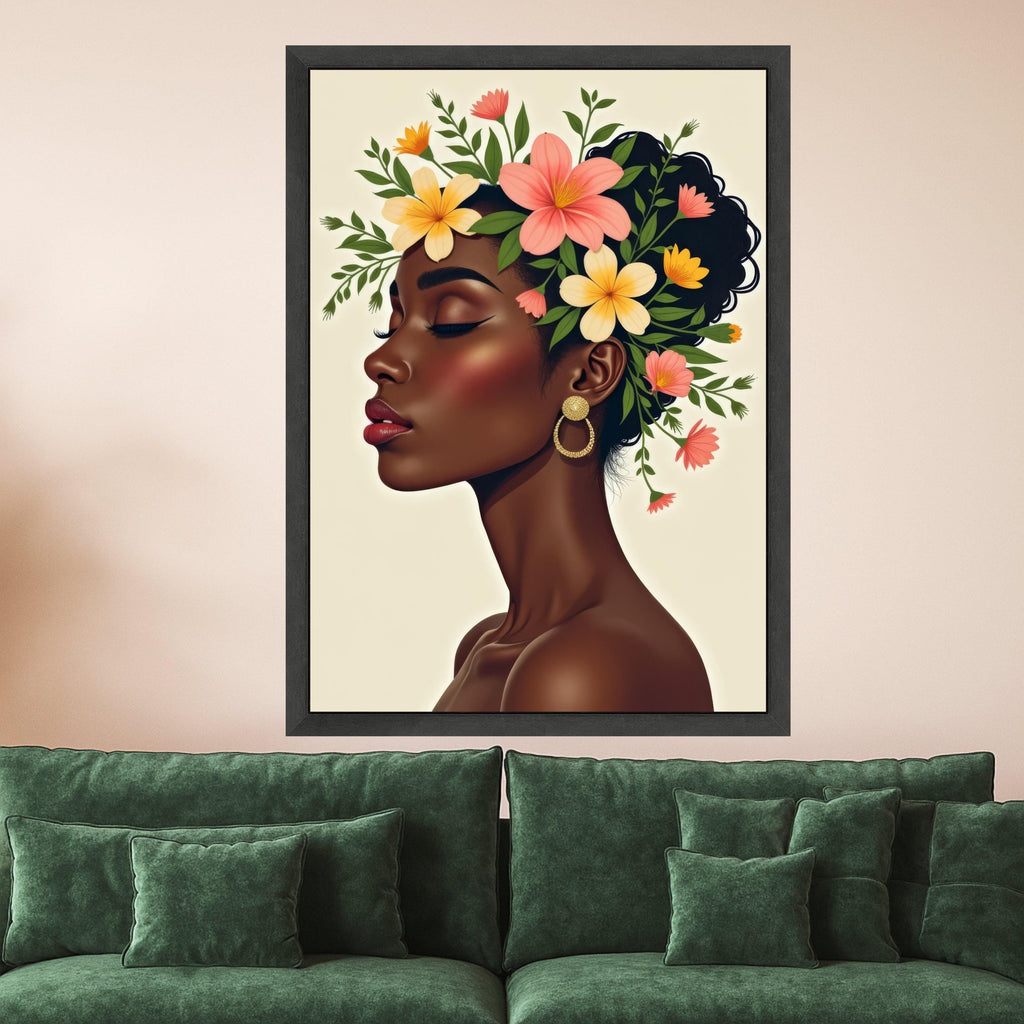 Elegant Profile Portrait, Floral Crown Canvas, Woman Silhouette Wall Art, Modern Beauty Illustration, Ethnic Home Decor, Ready To Hang,
