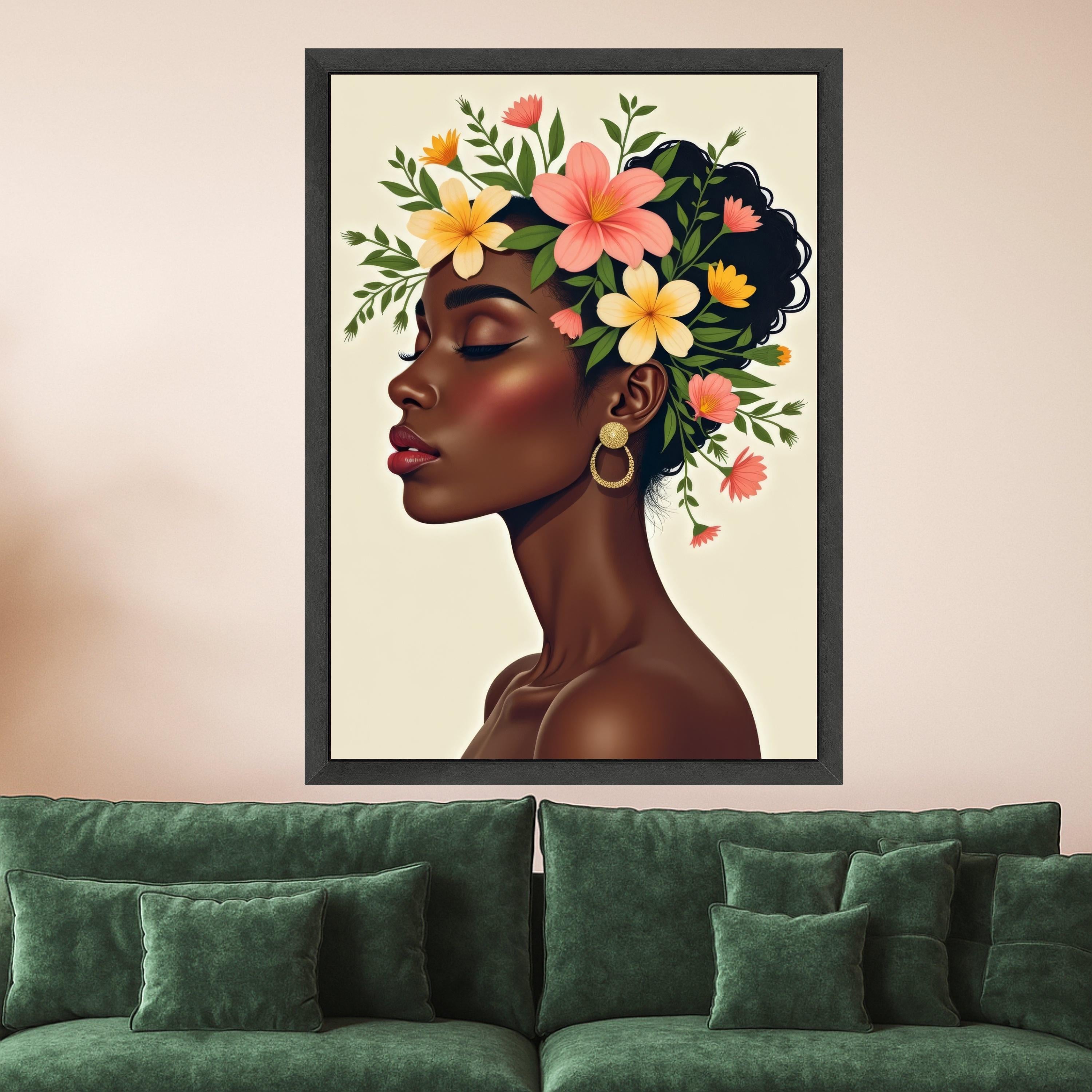 Elegant Profile Portrait, Floral Crown Canvas, Woman Silhouette Wall Art, Modern Beauty Illustration, Ethnic Home Decor, Ready To Hang,