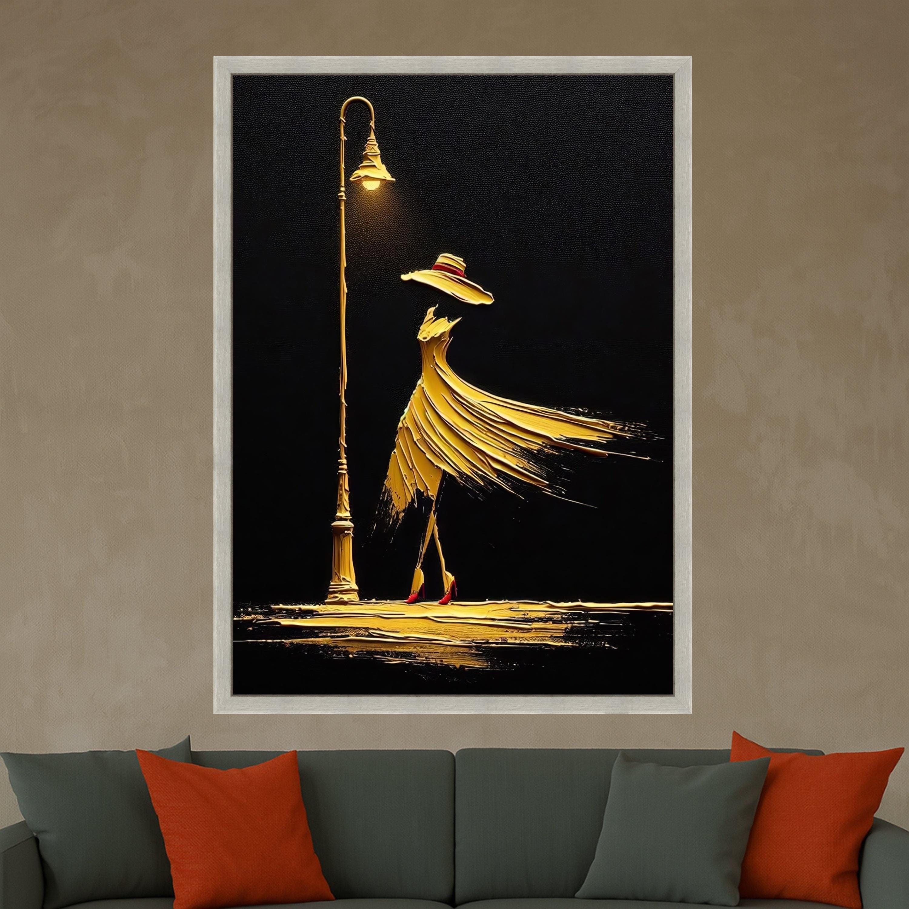 Elegant Woman in Flowing Dress Canvas, Abstract Fashion Art, Golden Night Street Lamp Wall Decor, Modern Canvas Wall Art for Ready To Hang,